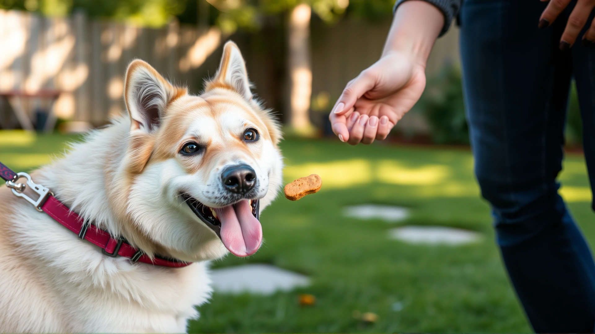 Happy dog receiving a treat from its owner during leash training in a quiet backyard