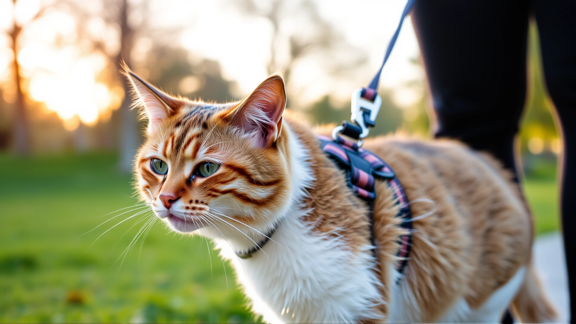 Pixiebob cat wearing a comfortable harness and leash, walking beside its owner in a park during golden hour.