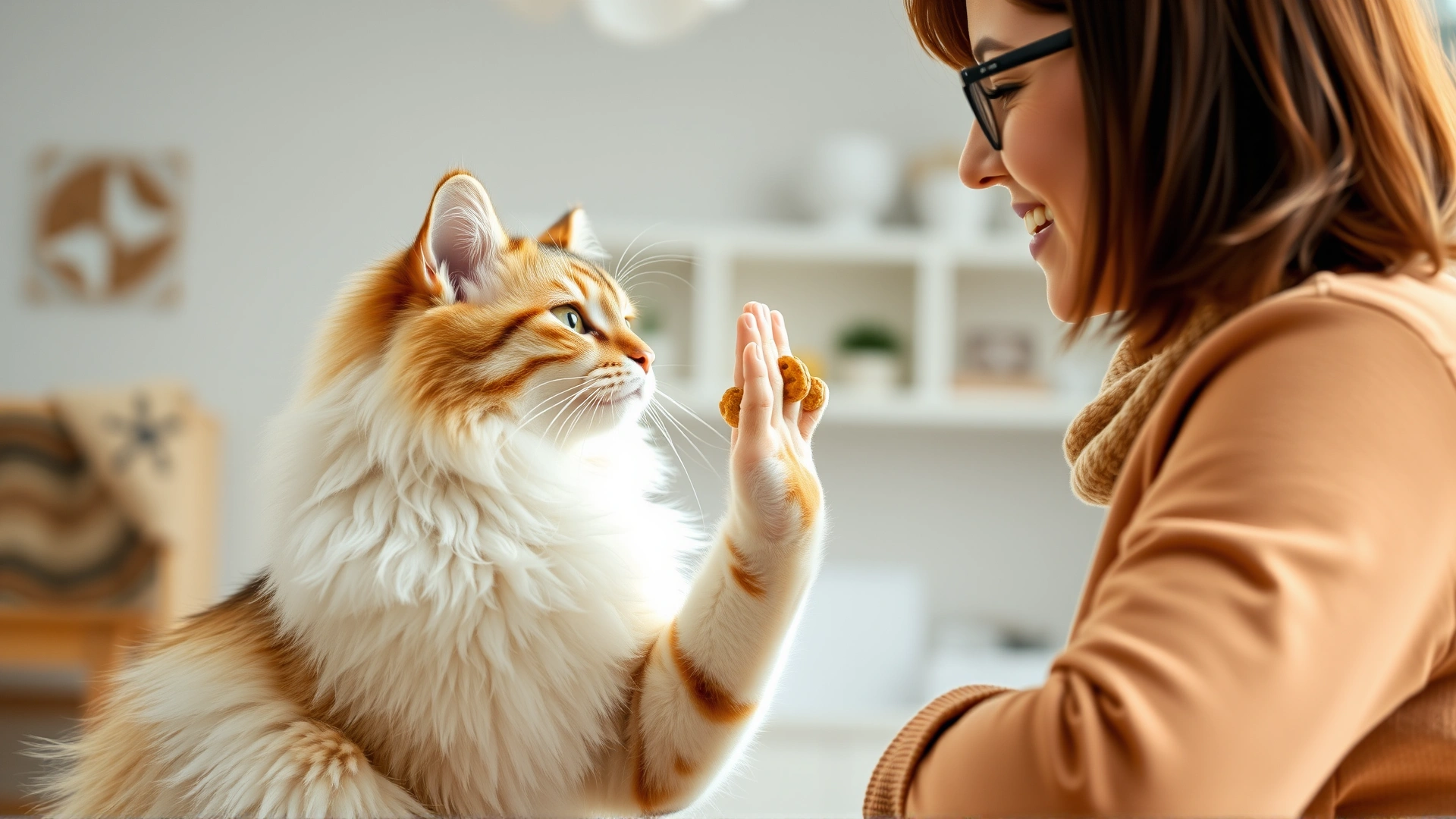 Owner teaching a Siberian cat to give a high-five using treats, bright indoor setting, candid moment