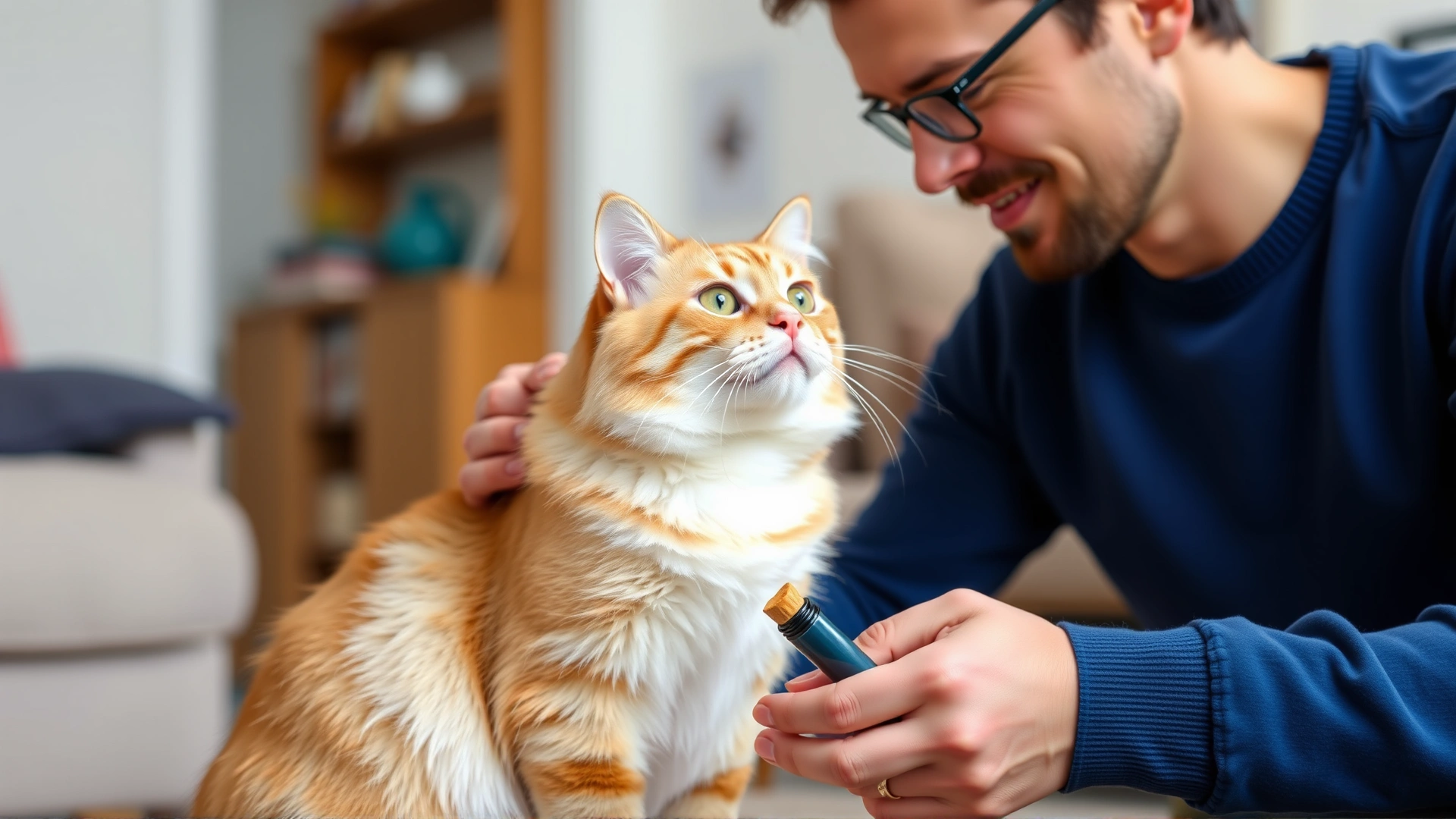 Owner and cat during a short clicker training session in a calm living room, owner holding clicker and treat while cat focuses.