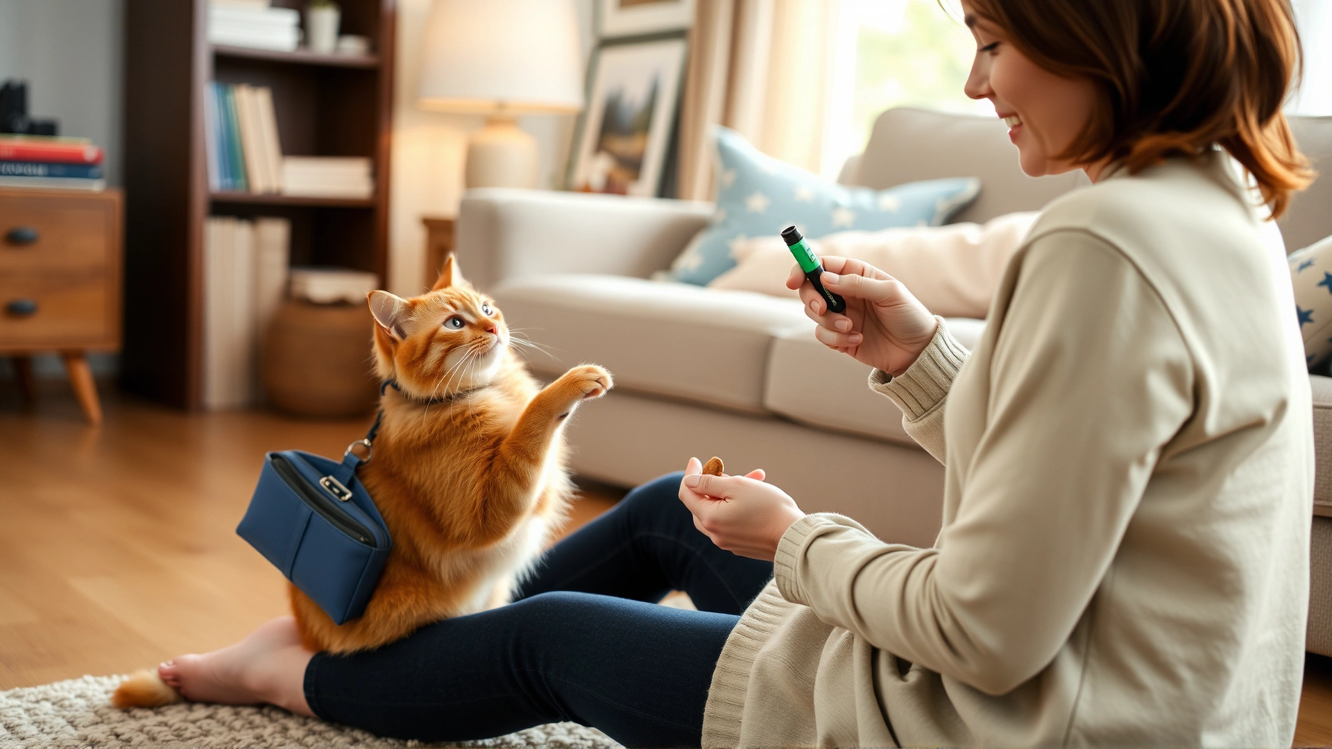 Person kneeling on floor with clicker and treat pouch training a ginger cat in a cozy living room, demonstrating positive reinforcement