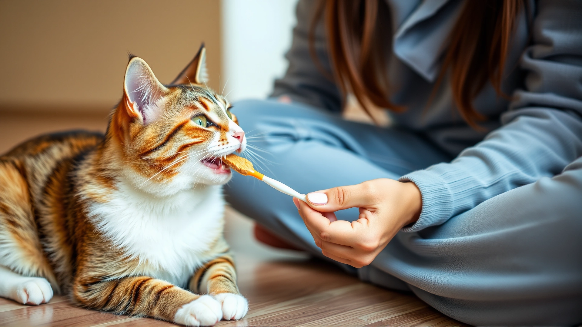 Cat owner sitting on the floor rewarding a tabby cat with a treat after touching its mouth, illustrating positive reinforcement during toothbrushing training.