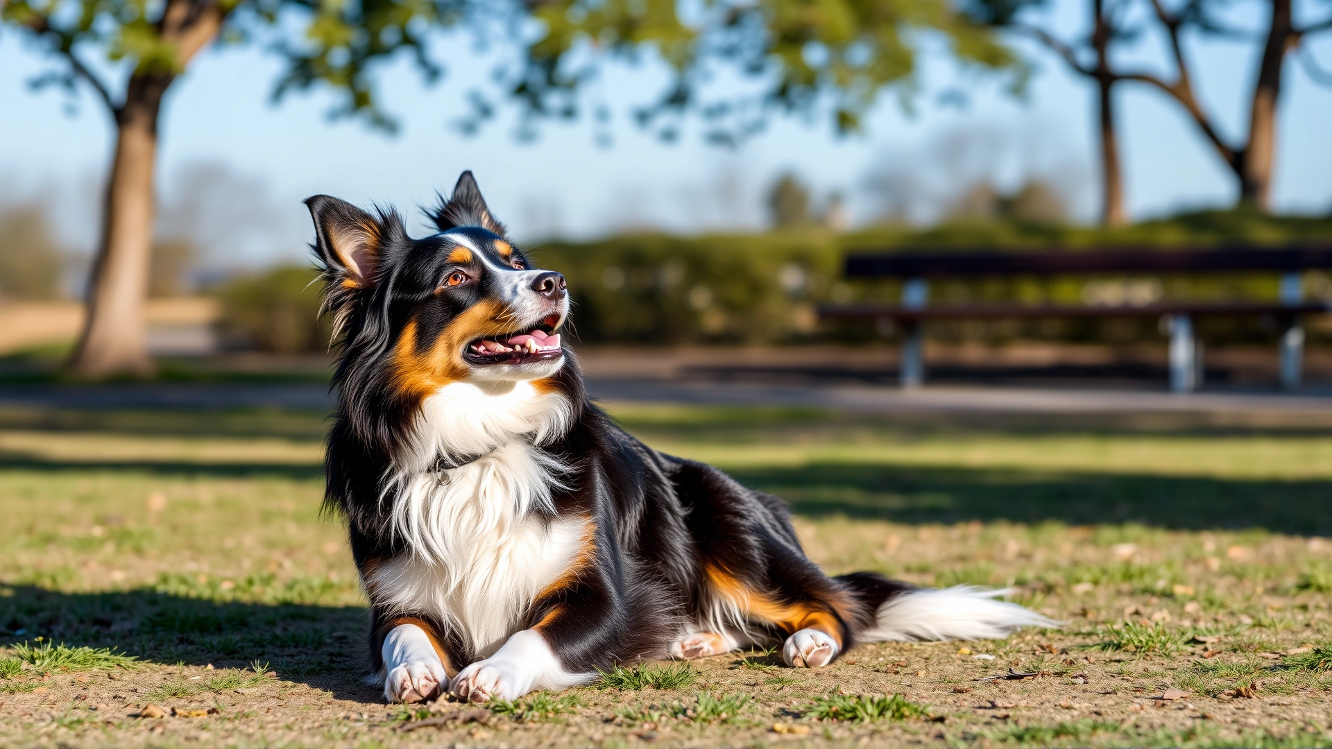Border Aussie performing a 'sit' command while receiving a treat from its owner in a park, no text