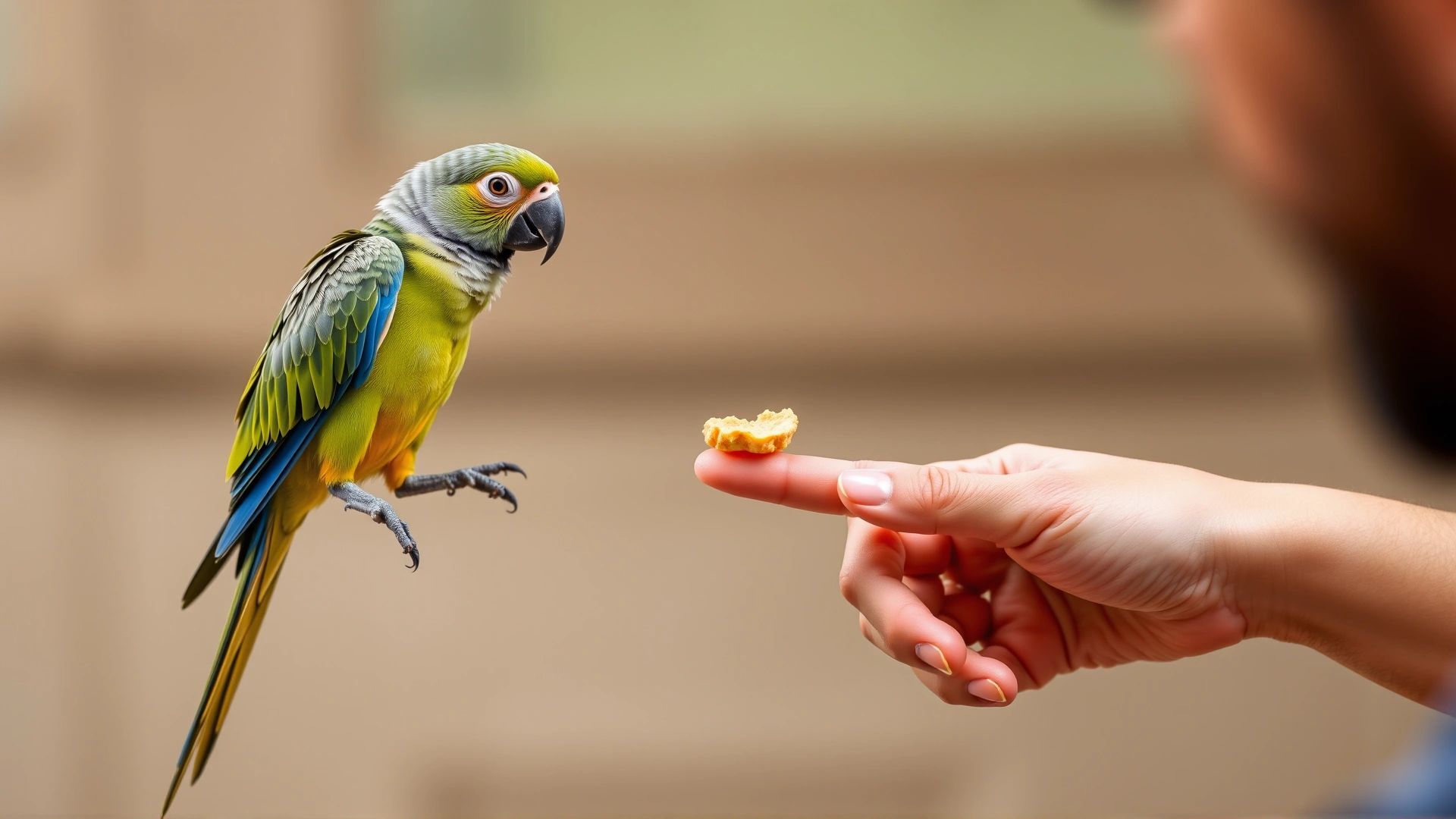 Person holding a small treat while teaching a parrot to step onto a finger during a training session.