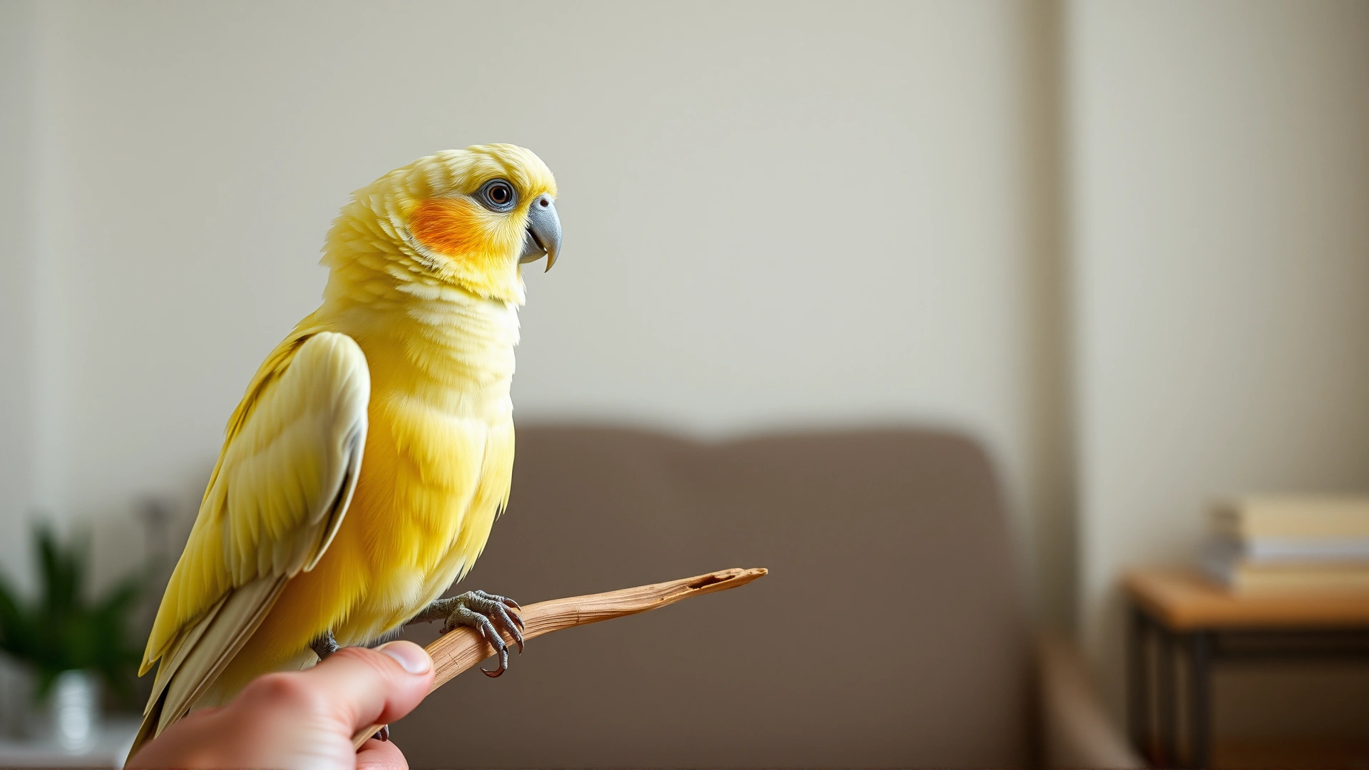 Human gently holding a perch while a cockatiel steps up, showing a calm training environment with minimal distractions indoors.