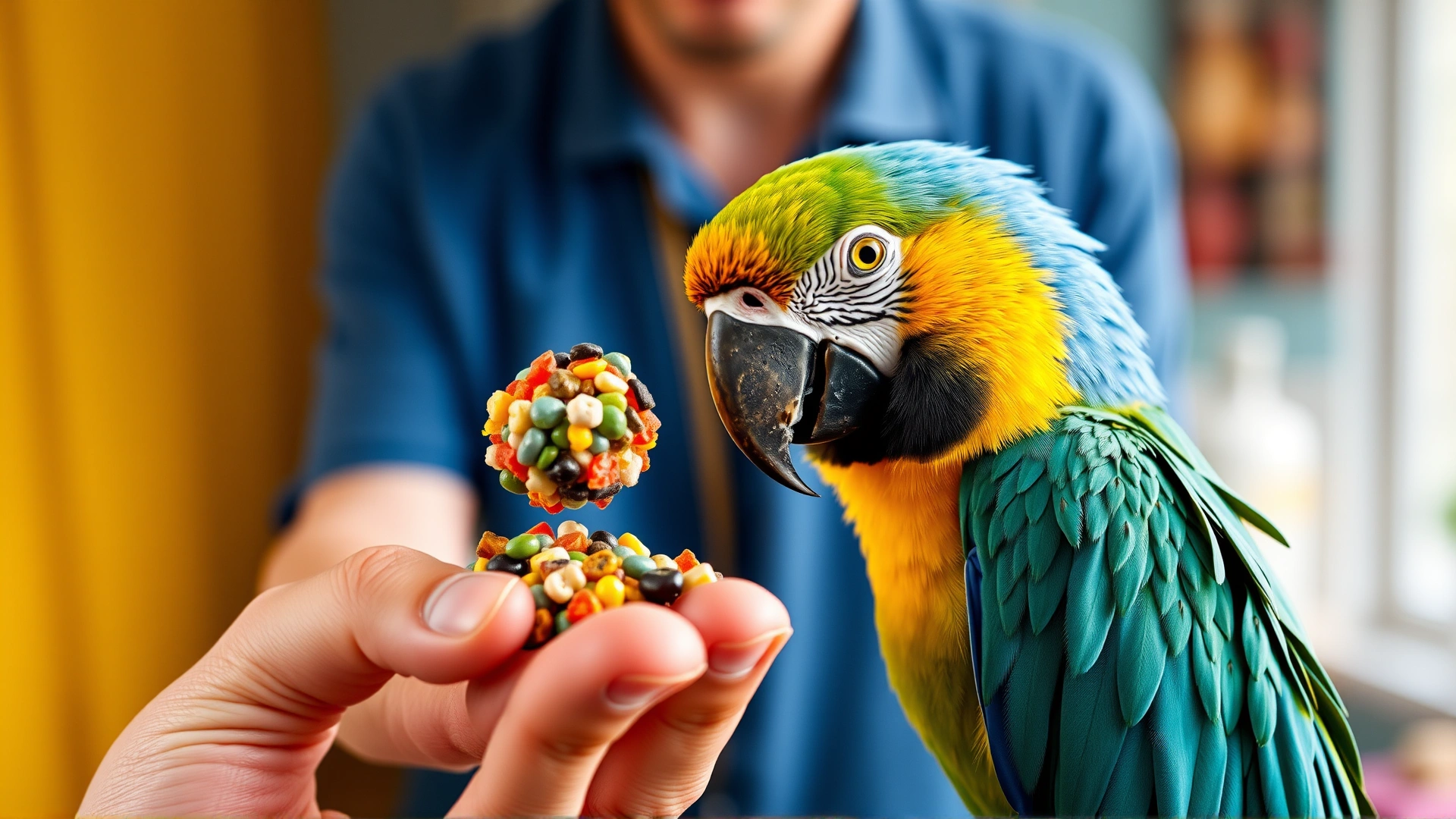 Pet owner holding out a colorful pellet to a curious parrot perched on their hand, bright indoor setting, candid moment