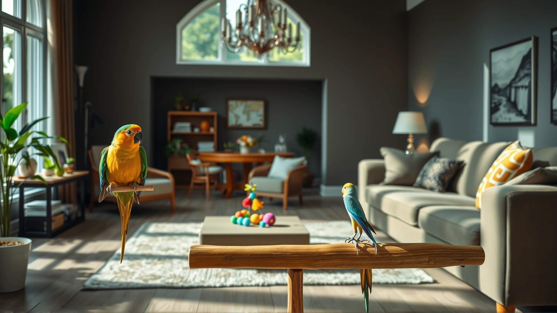 A spacious living room with a small parrot and its owner practicing training commands with colorful toys on a wooden perch, bright natural light