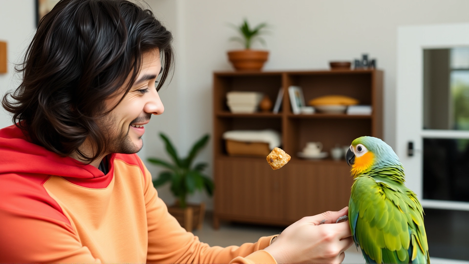 Owner holding a treat while speaking to a young parrot during a training session at home, friendly atmosphere