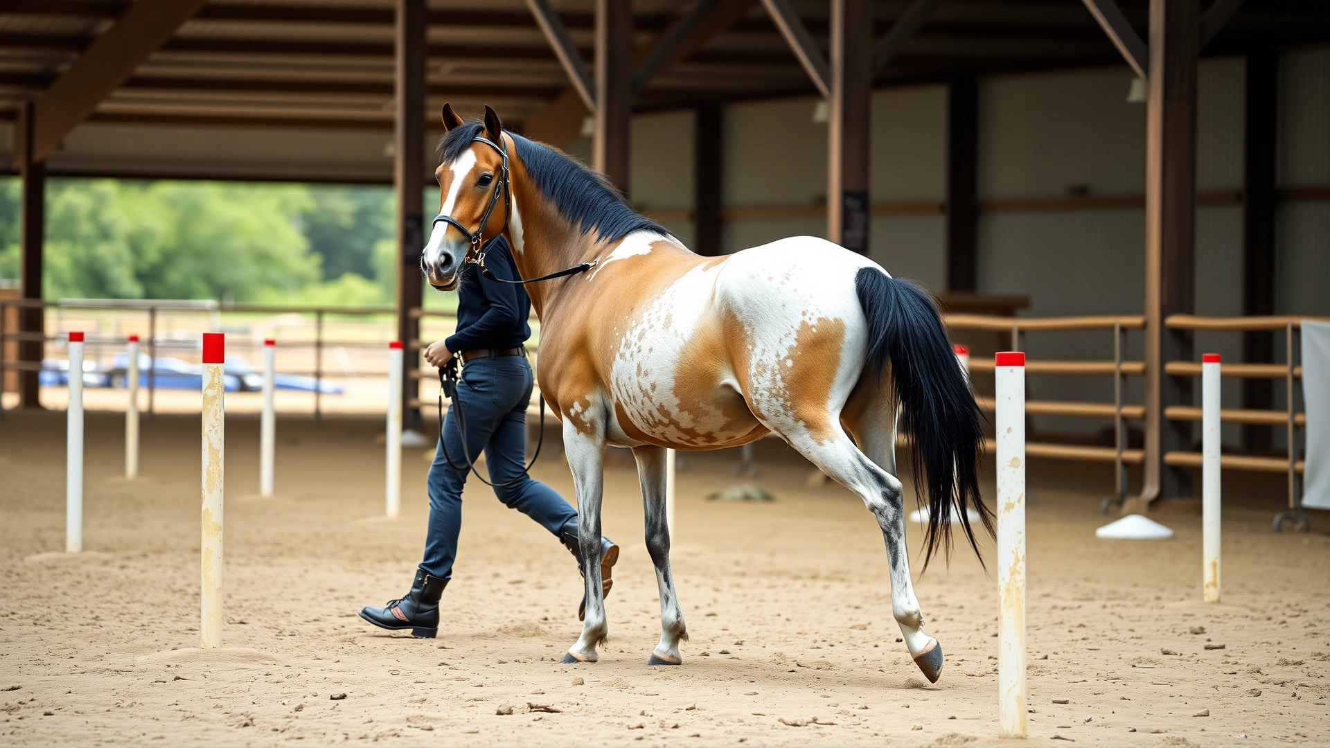 Trainer walking a Paso Fino horse in-hand through ground poles inside an outdoor riding arena