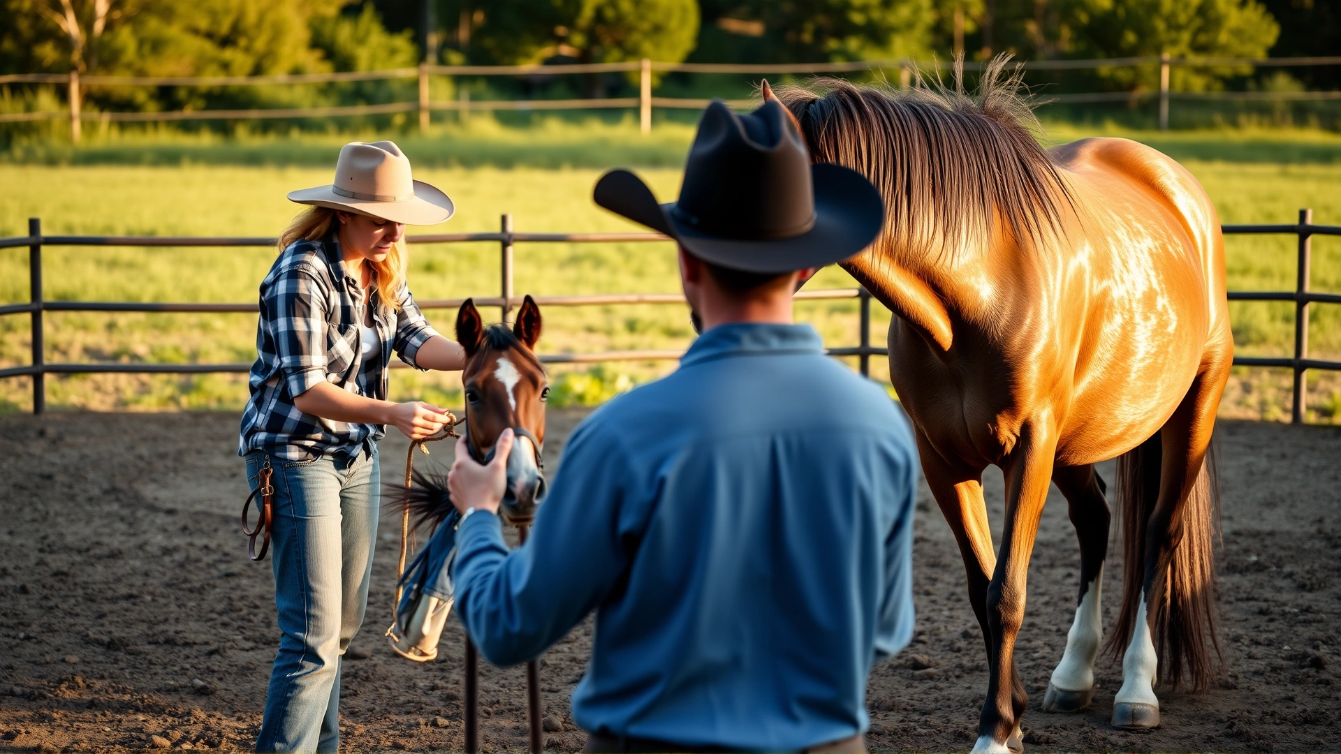 Horse trainer practicing natural horsemanship groundwork with a recently adopted mustang in a round pen, late afternoon sun