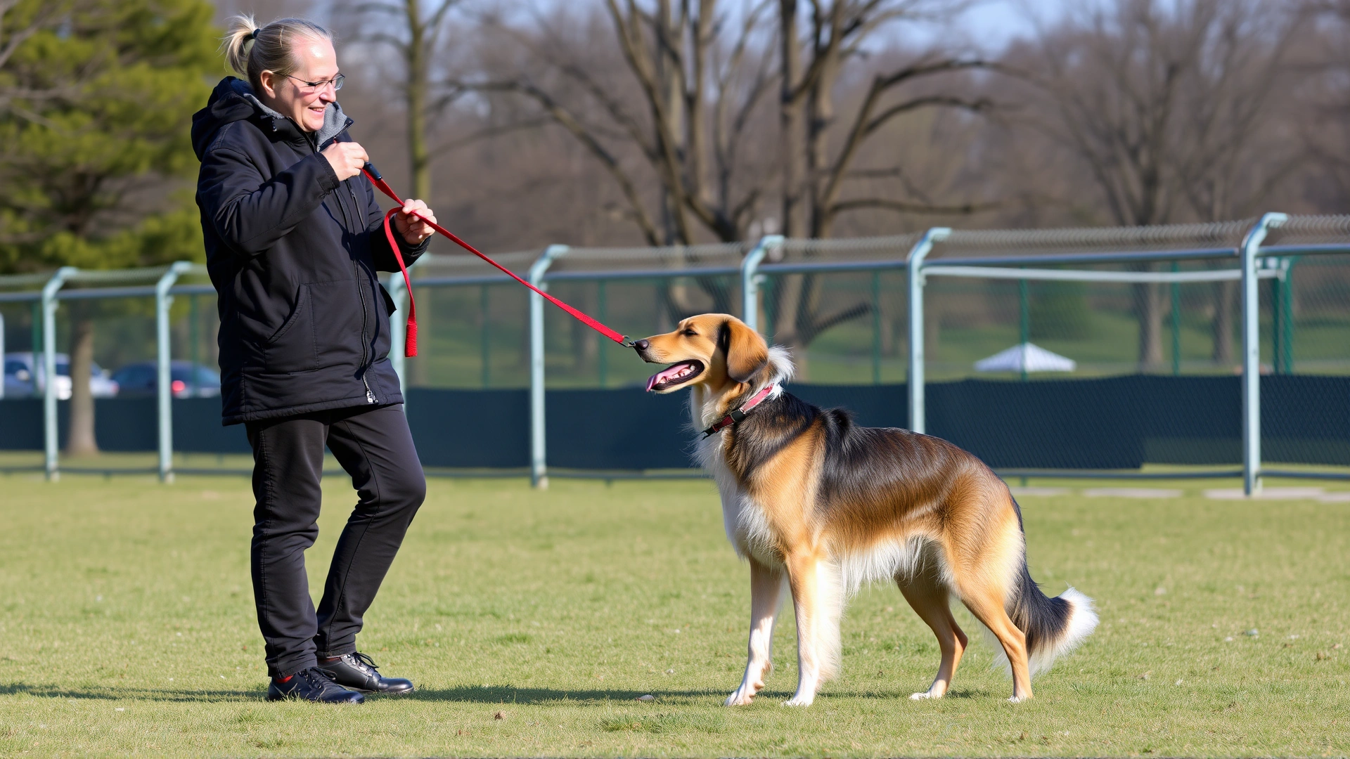 Dog trainer using a long lead while teaching a Borzoi recall in a fenced outdoor park.