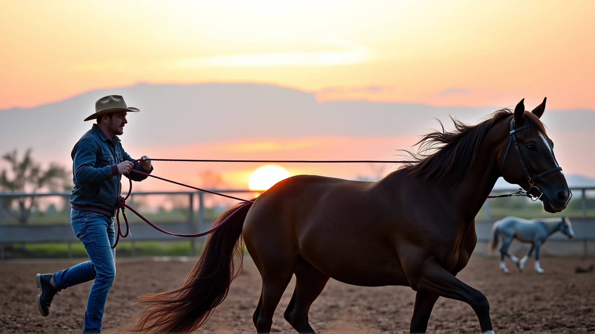 Trainer working an energetic French Anglo-Arab horse on a lunge line in an outdoor arena at sunset, dust kicking up, no text.