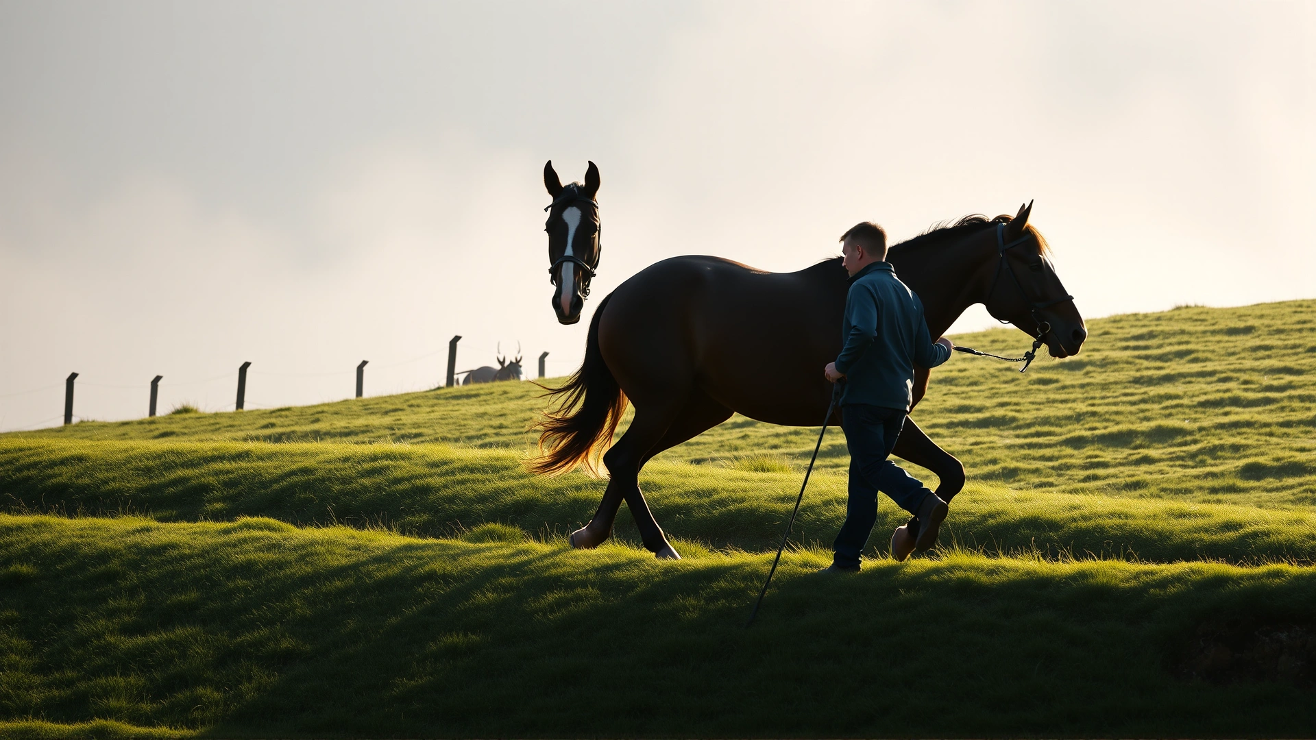 Trainer leading a racehorse at a trot up a gentle grassy hill during an early morning workout, mist rising in background