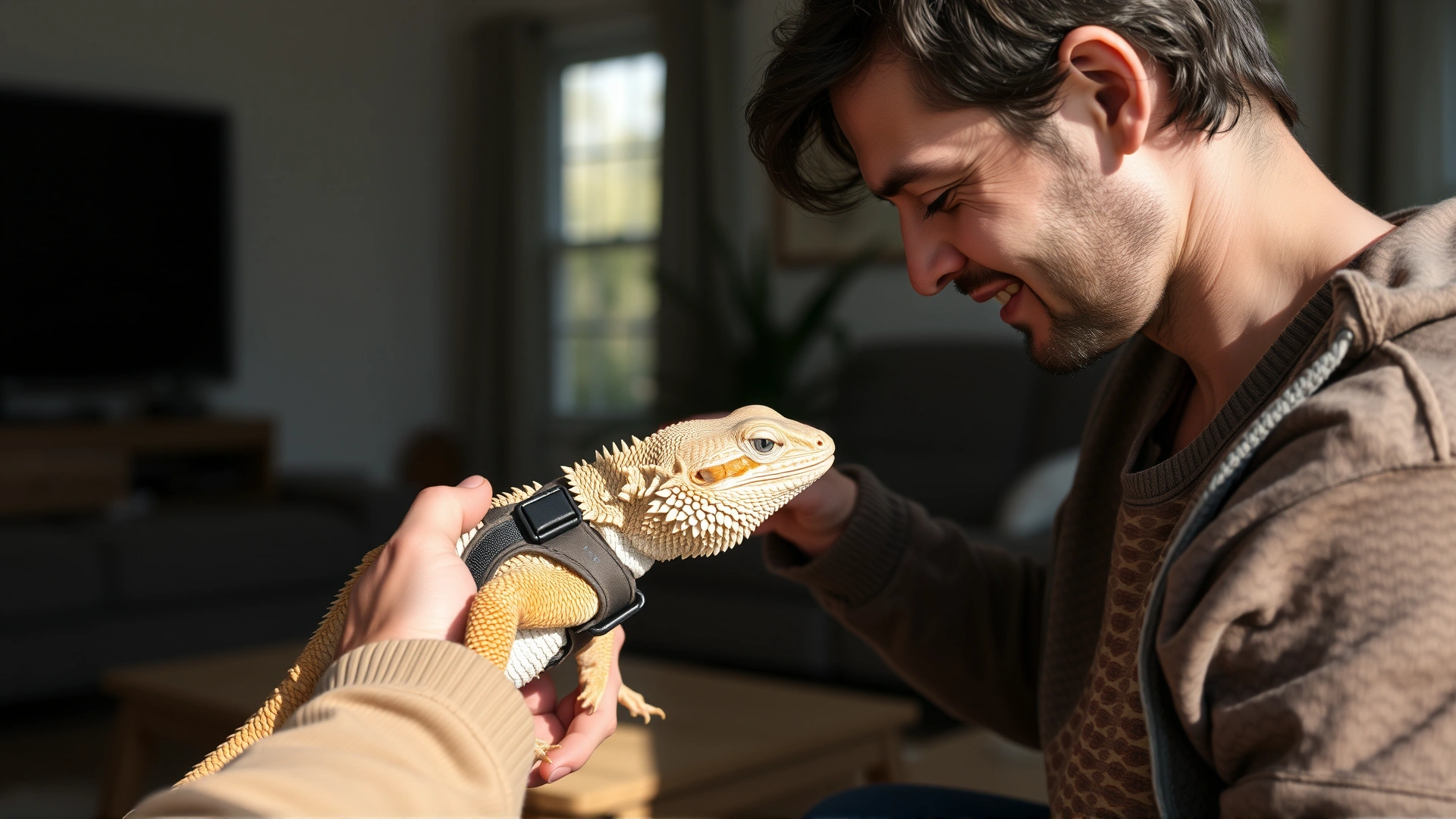 Owner gently placing a harness on a calm bearded dragon inside a living room, showing positive interaction