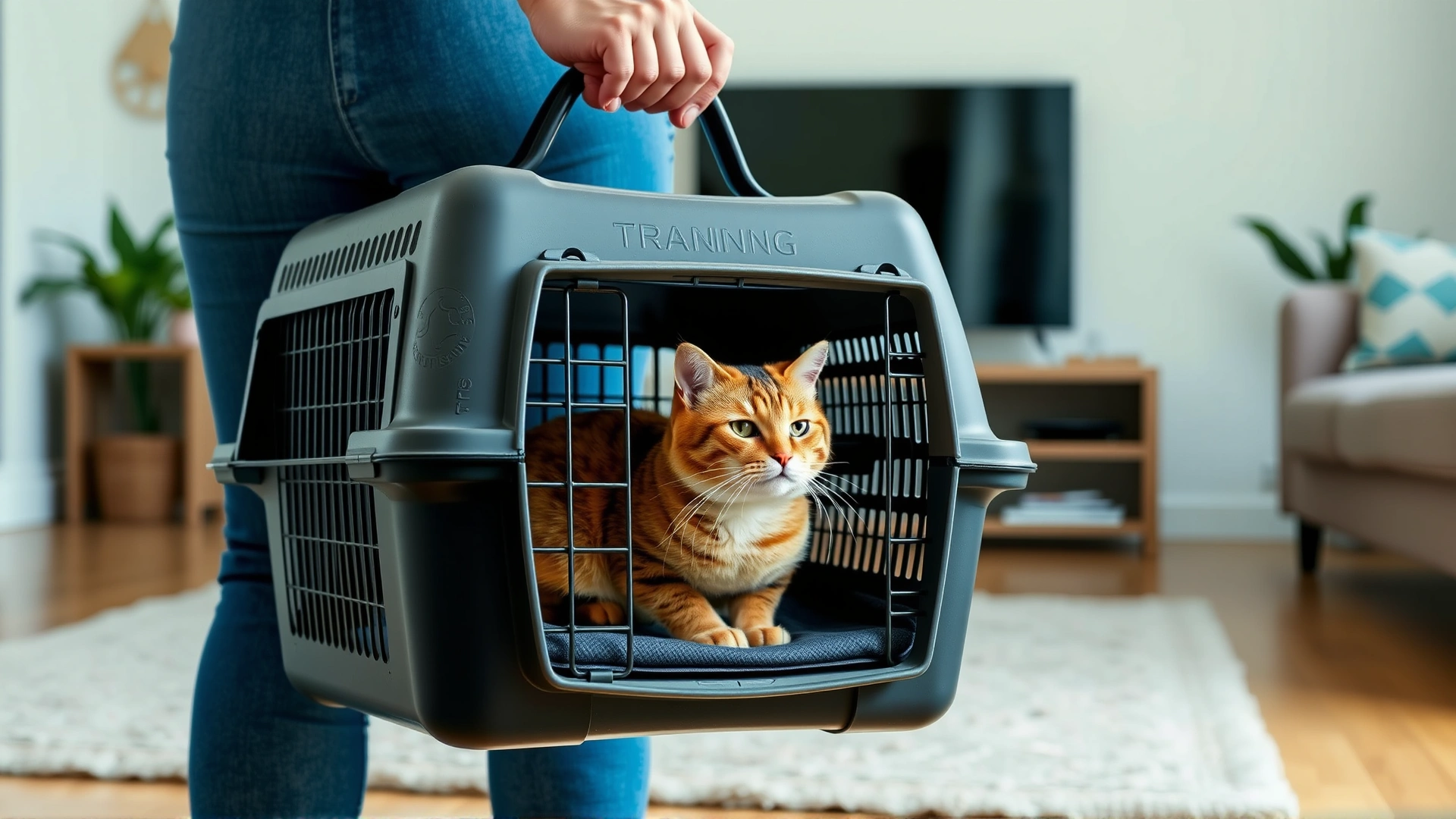 Image of a person gently carrying a pet carrier with a relaxed cat inside while walking across a living room, illustrating the training process.