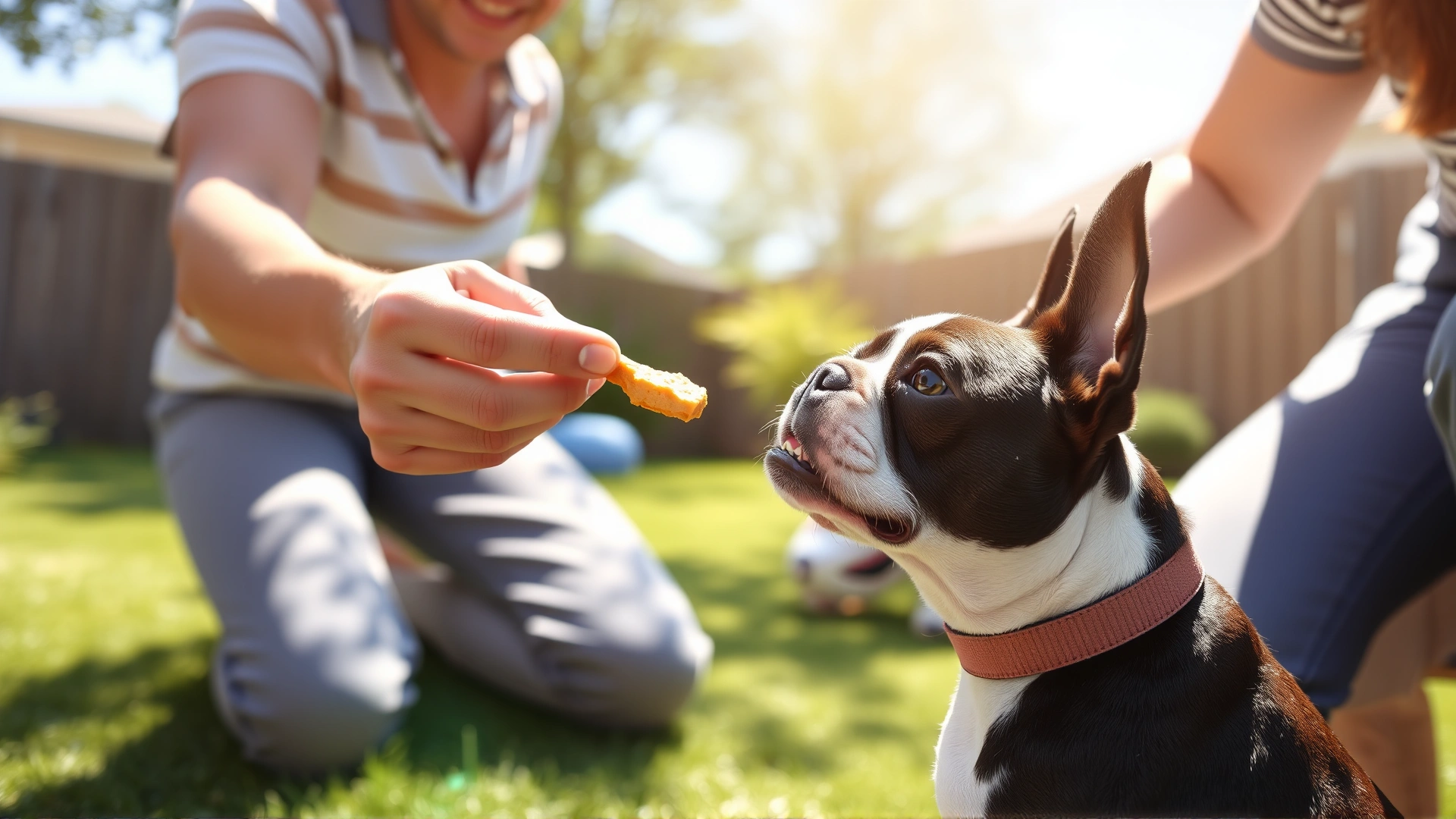 Owner giving a treat to a Boston Terrier while the dog performs a sit command in a sunny backyard