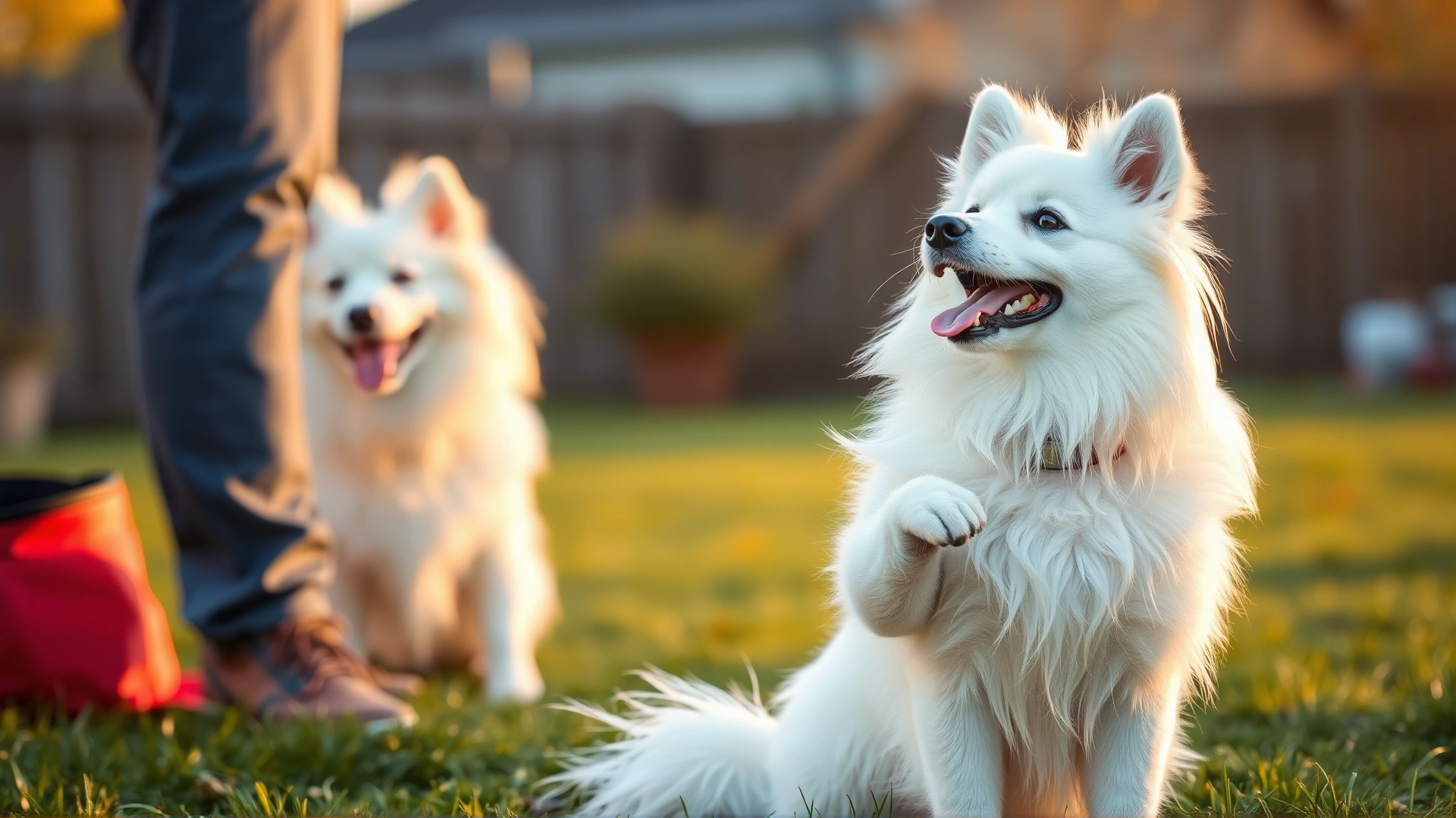 Photo of an American Eskimo Dog performing a perfect ‘sit’ command beside its smiling owner in a backyard during golden hour.