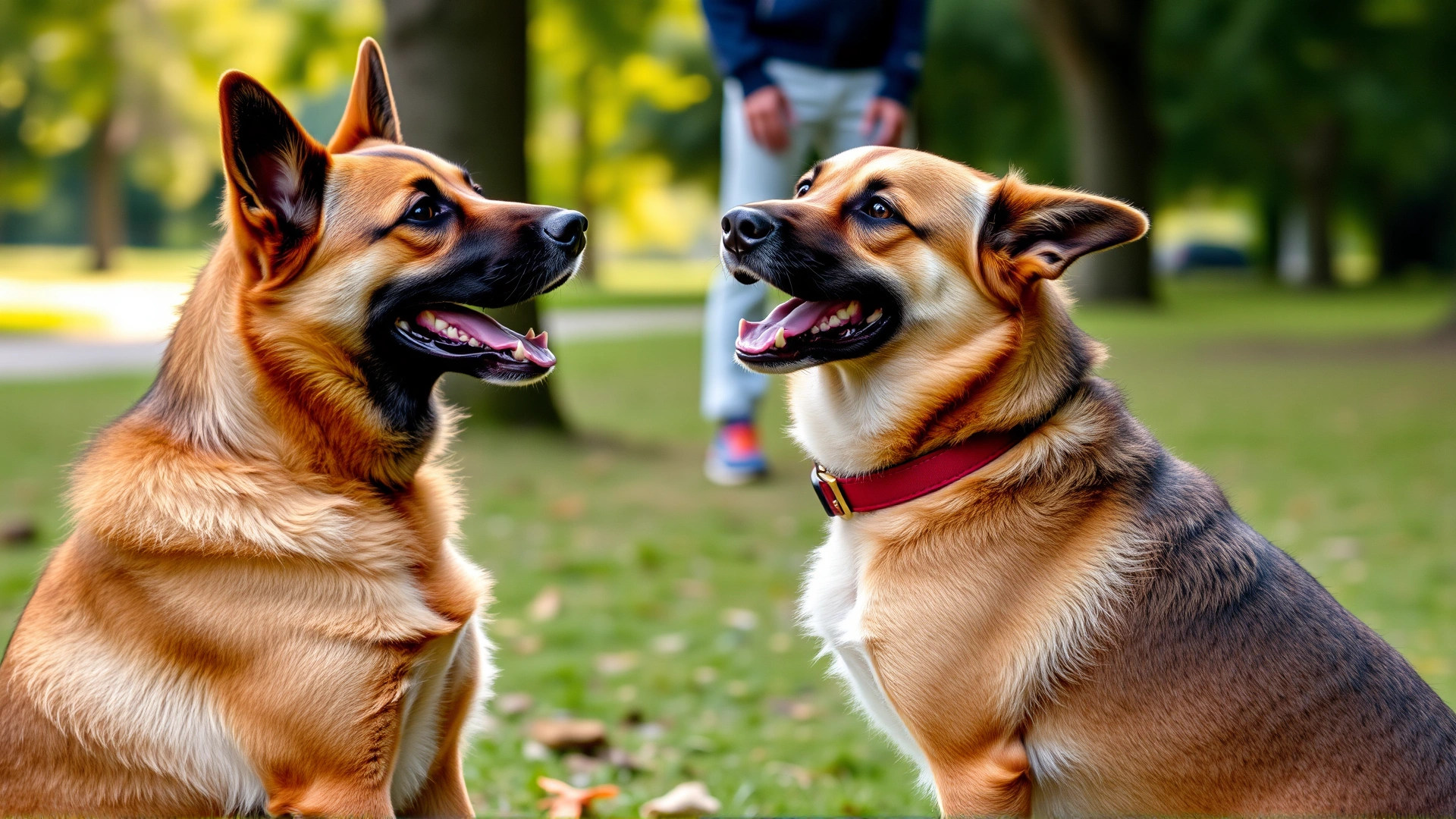 Canaan Dog in a park obeying a sit command from its owner who offers a treat, positive reinforcement scene