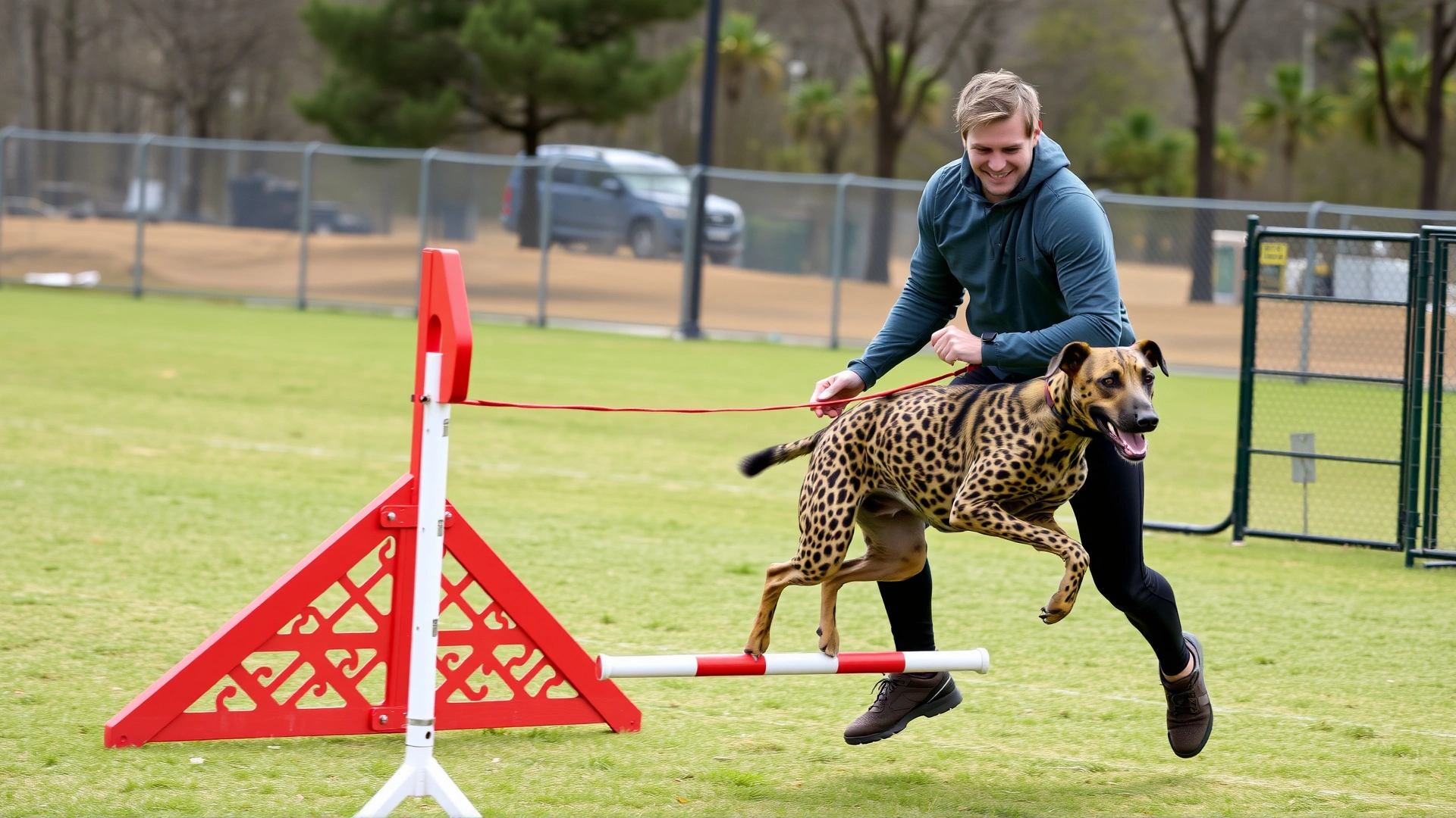 Athletic owner guiding a Catahoula Leopard Dog over an agility hurdle in a spacious outdoor training area; motion captured in mid-jump.
