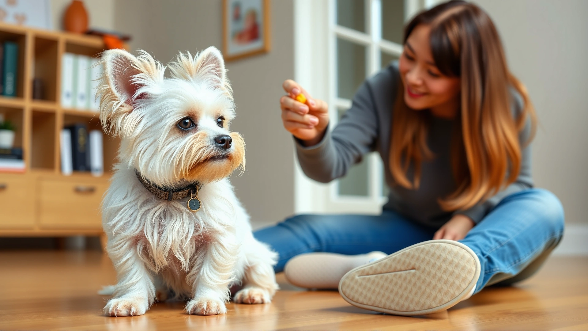 A Chinese Crested dog and its owner during a positive-reinforcement training session indoors, owner holding a treat and dog performing a 'sit' command.