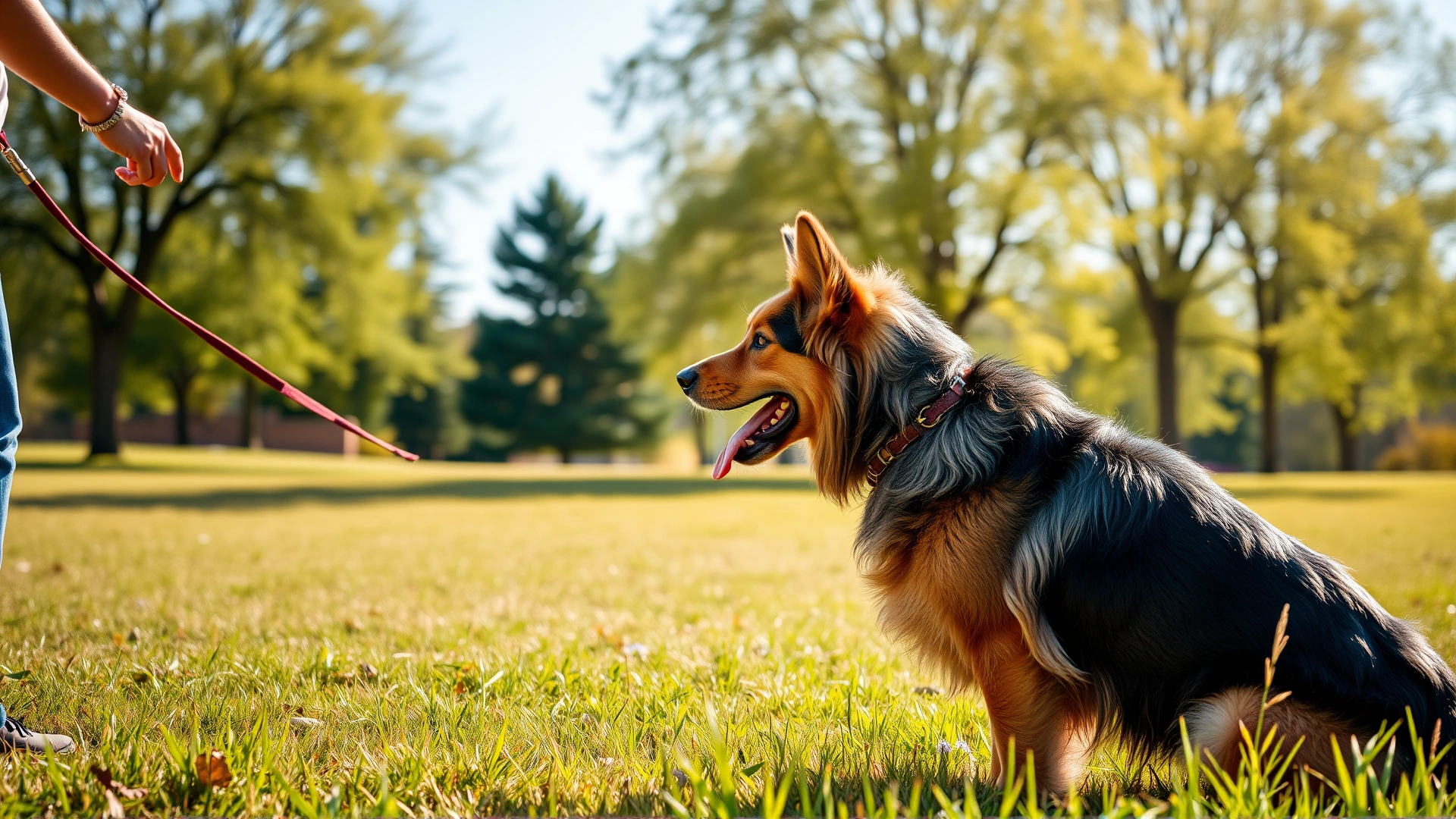 A Chinook and its owner practicing obedience commands in a sunny grassy park