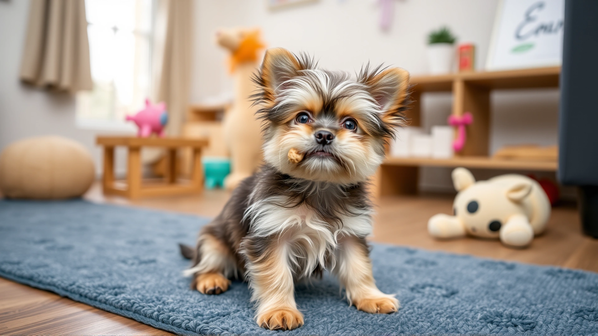 A Chorkie puppy performing a 'sit' command while receiving a small treat, indoors with playful décor.