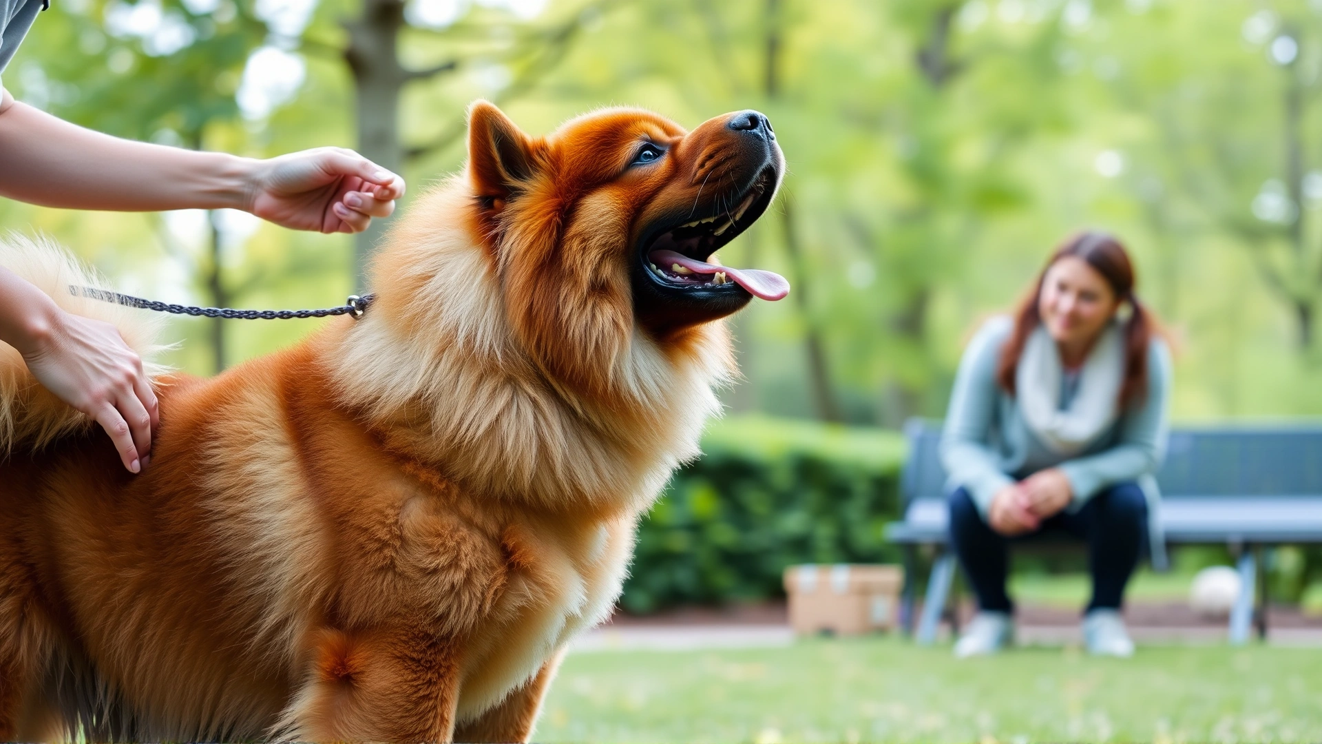 Trainer rewarding an adult Chow Chow with treats during an obedience session in a park
