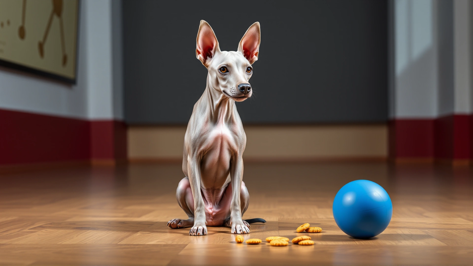 American Hairless Terrier sitting attentively on command with clicker and treats visible, indoor training studio