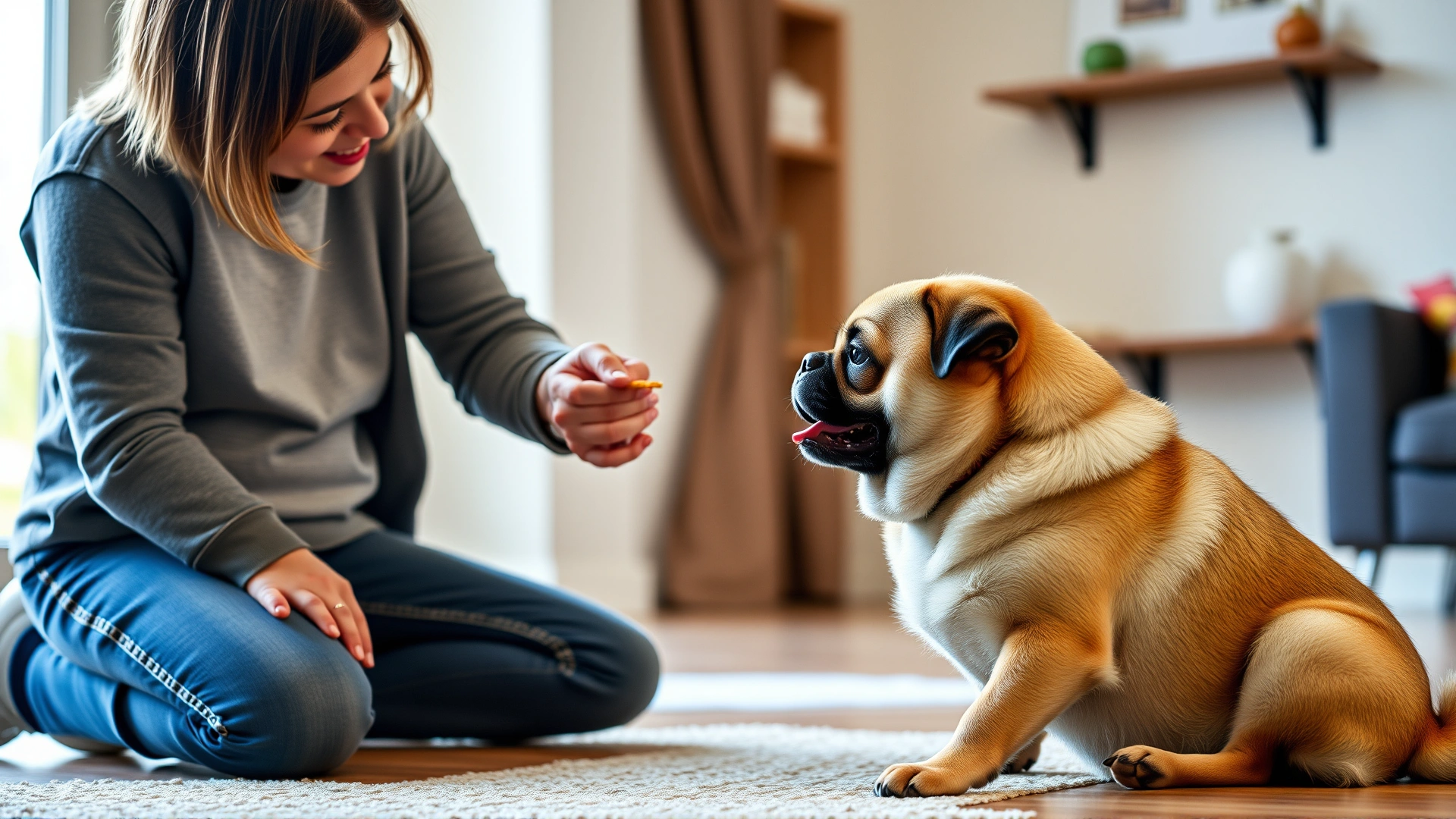 Owner kneeling indoors giving a tiny treat to a Chug dog during a training session; the dog is performing a sit command.