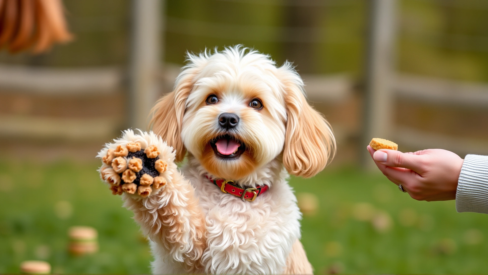 Cockapoo performing a 'shake hands' trick with a trainer who is offering a treat.