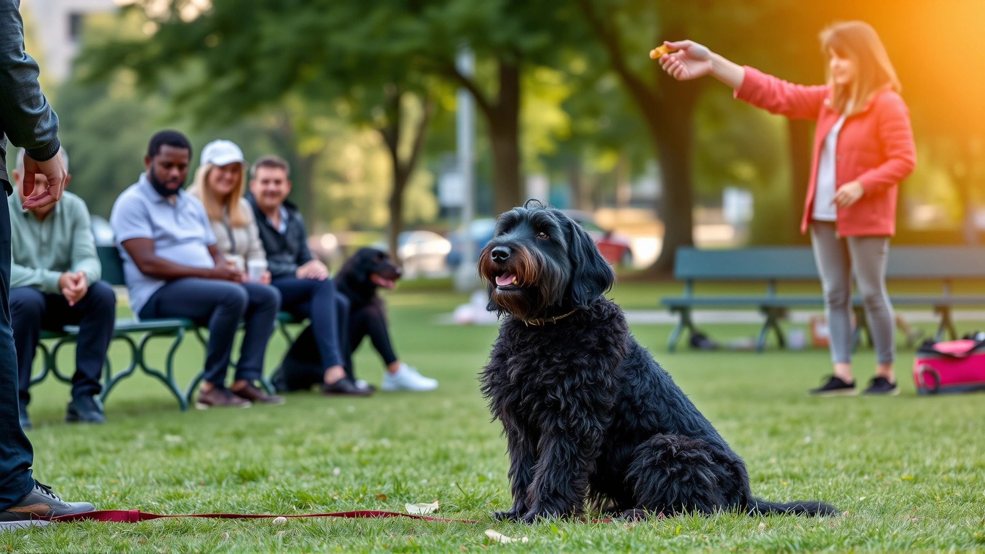 Curly-Coated Retriever sitting attentively in an obedience class at a city park while a trainer offers a treat.