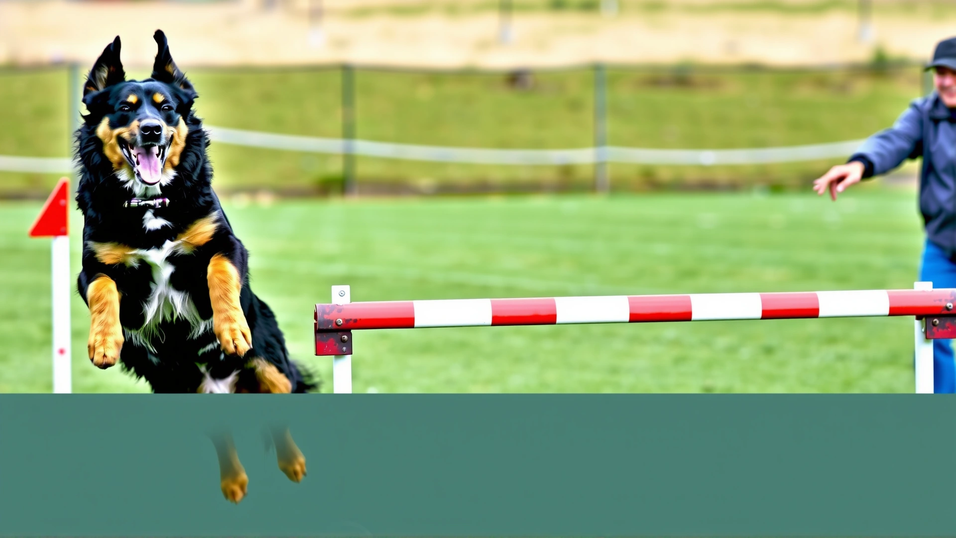 Entlebucher Mountain Dog leaping over an agility hurdle with its handler pointing the way, outdoor training field.