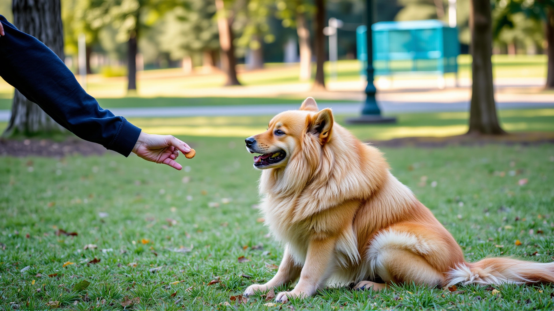 An adult Eurasier performing a sit command during a positive-reinforcement training session in a park, receiving a treat
