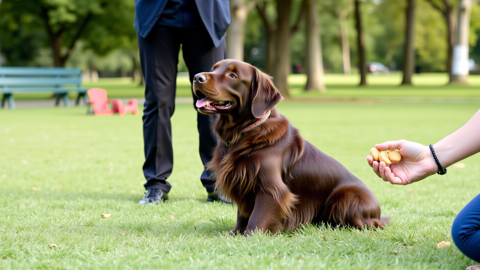 Flat-Coated Retriever performing a “sit” command during an obedience class in a park, with treats visible in trainer’s hand