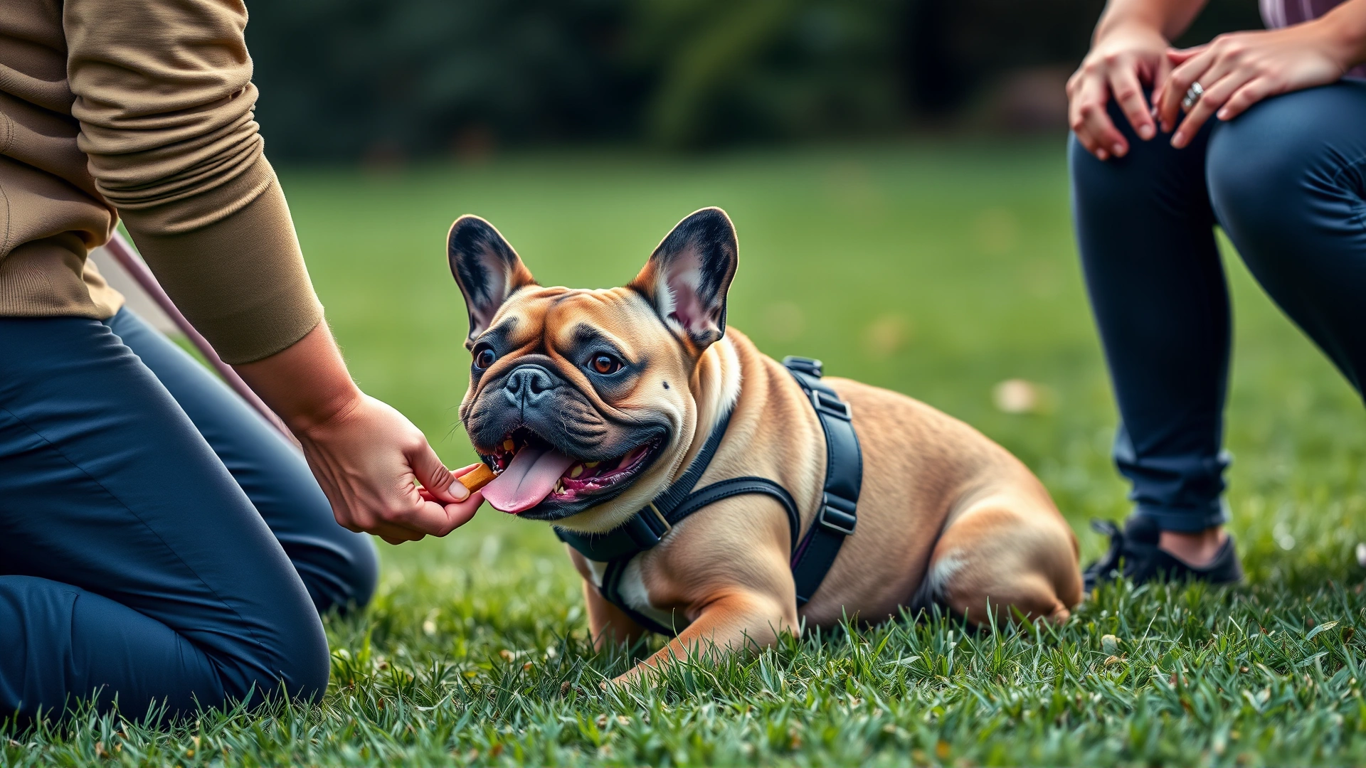 A dog trainer kneeling on grass giving a treat to a sitting French Bulldog wearing a harness, demonstrating positive reinforcement.