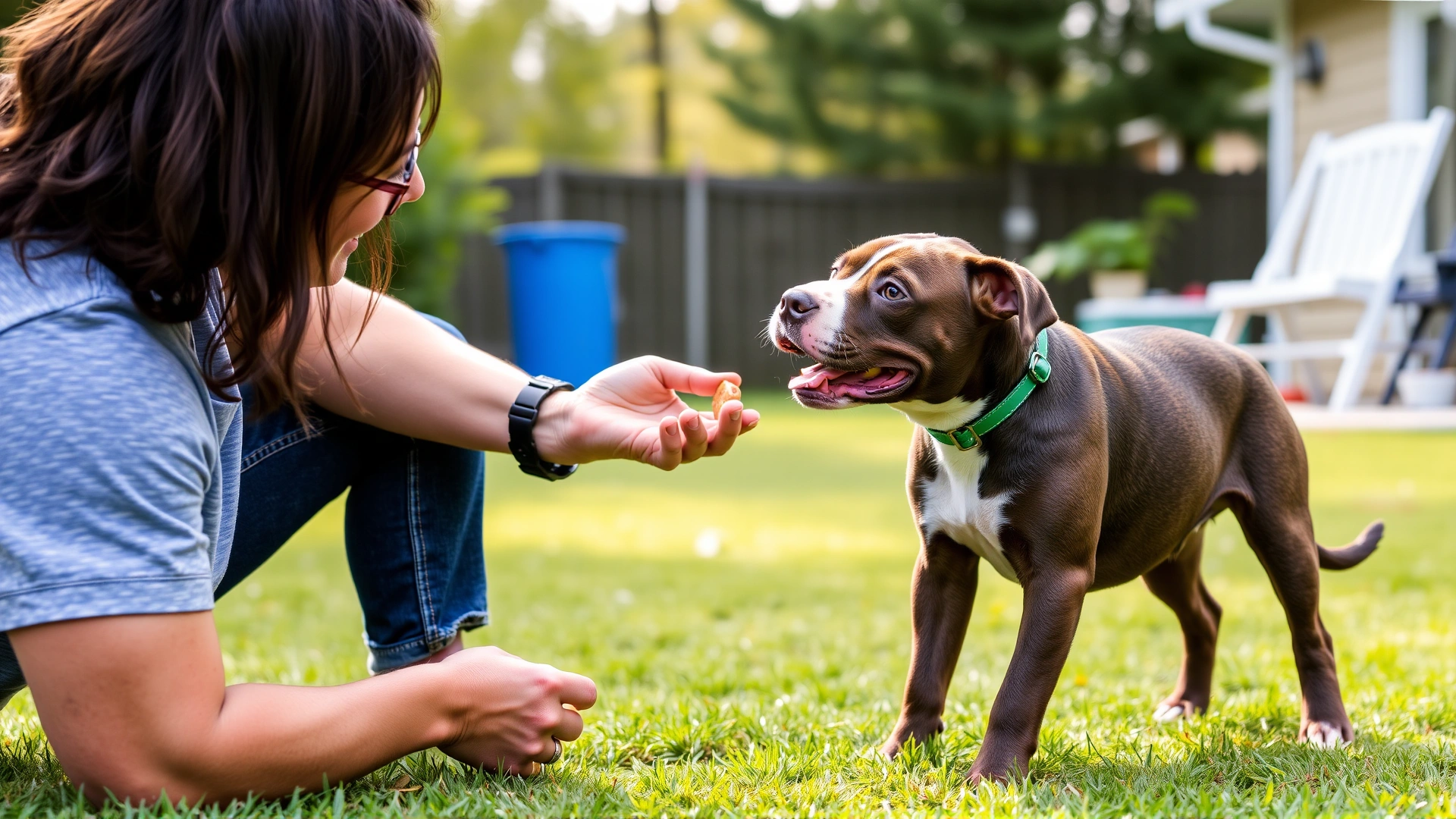 Responsible owner practicing positive reinforcement training with an American Pit Bull Terrier puppy, using treats in a backyard