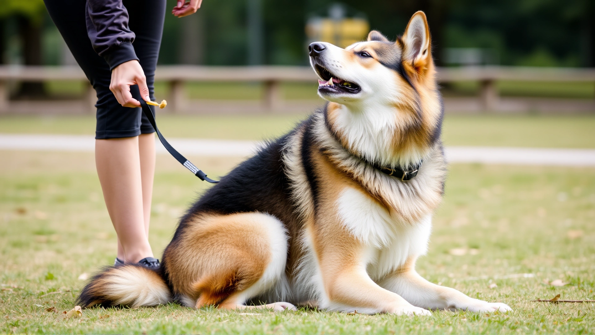 Gerberian Shepsky performing a sit command with a trainer holding a treat, in a park environment.