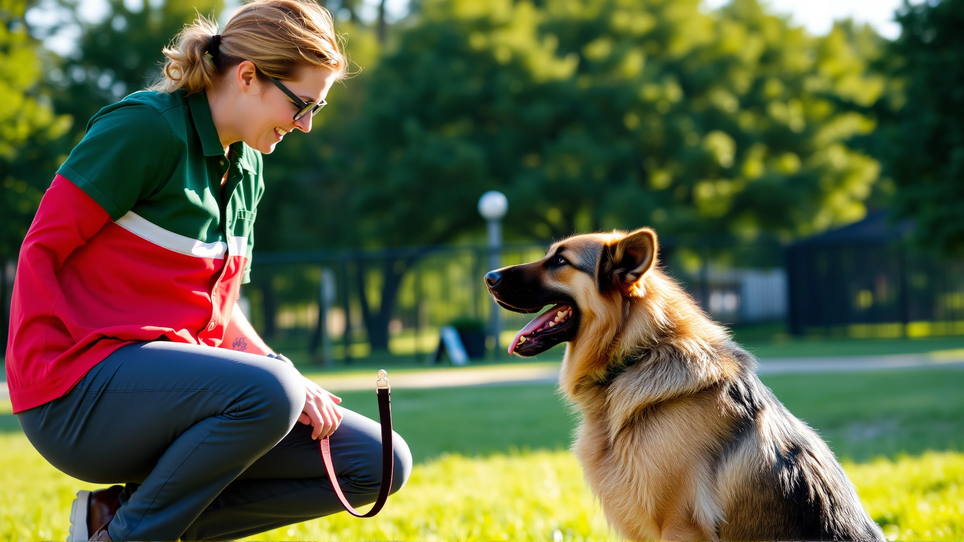Professional dog trainer giving commands to an attentive German Shepherd during an outdoor obedience session in a sunny park