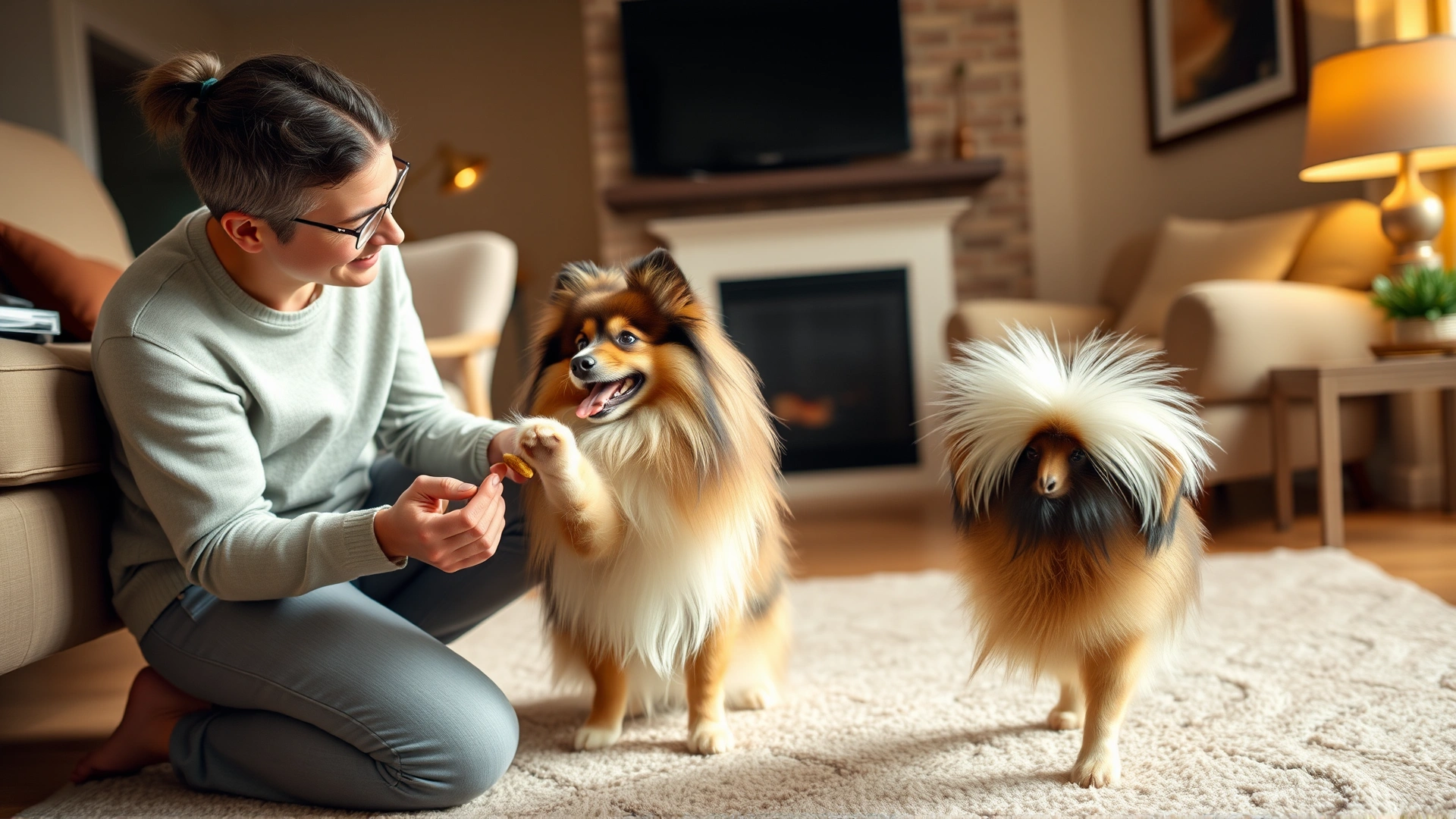 Owner kneeling in a cozy living room teaching a German Spitz the “shake” command, visible treats in hand, warm lighting.