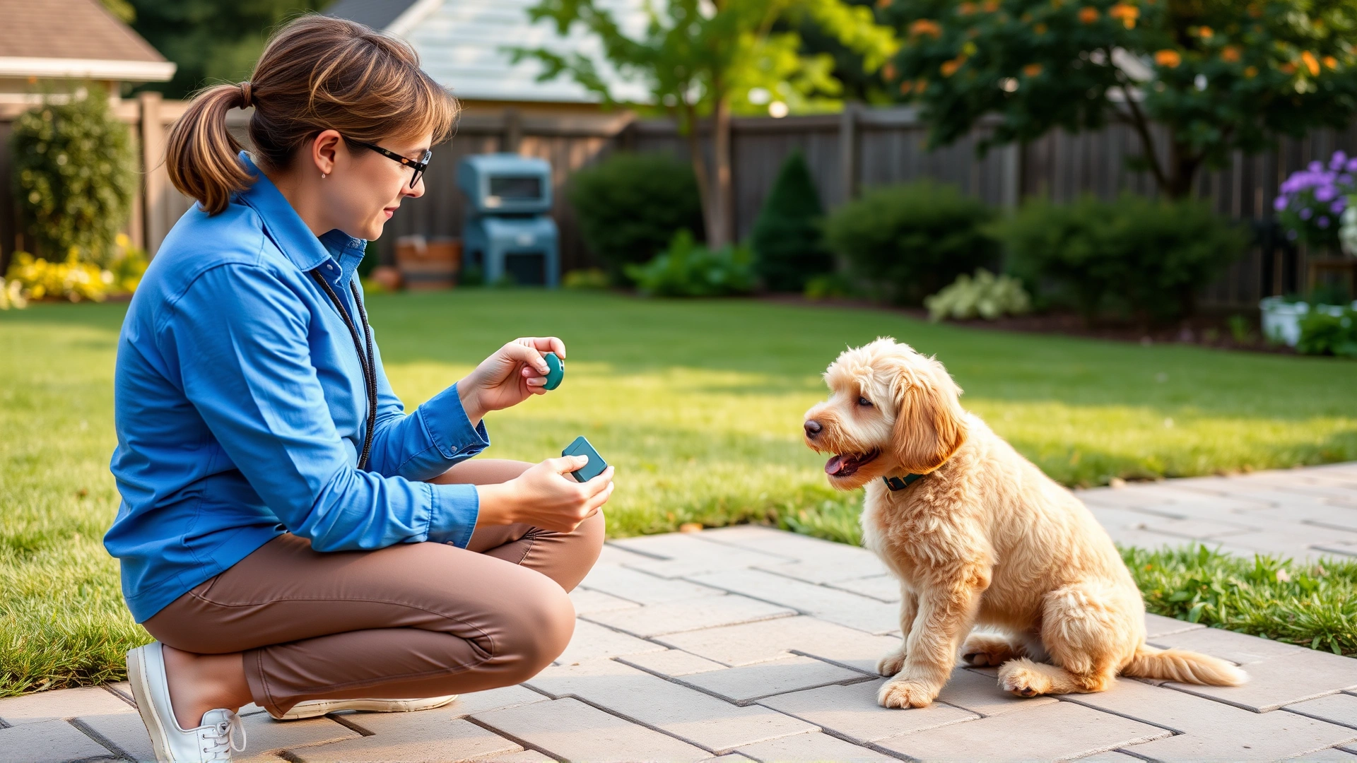 Dog trainer using a clicker to teach a Goldendoodle puppy to sit in a suburban backyard.