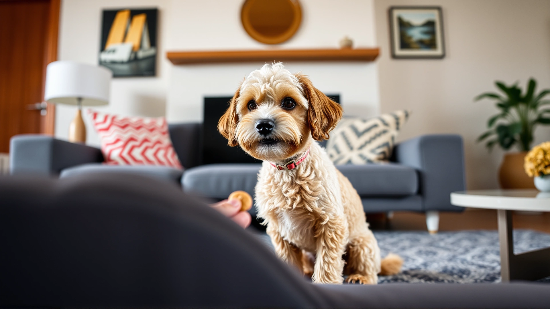 A young Havapoo receiving a treat while performing a 'sit' command in a modern living room, focus on dog