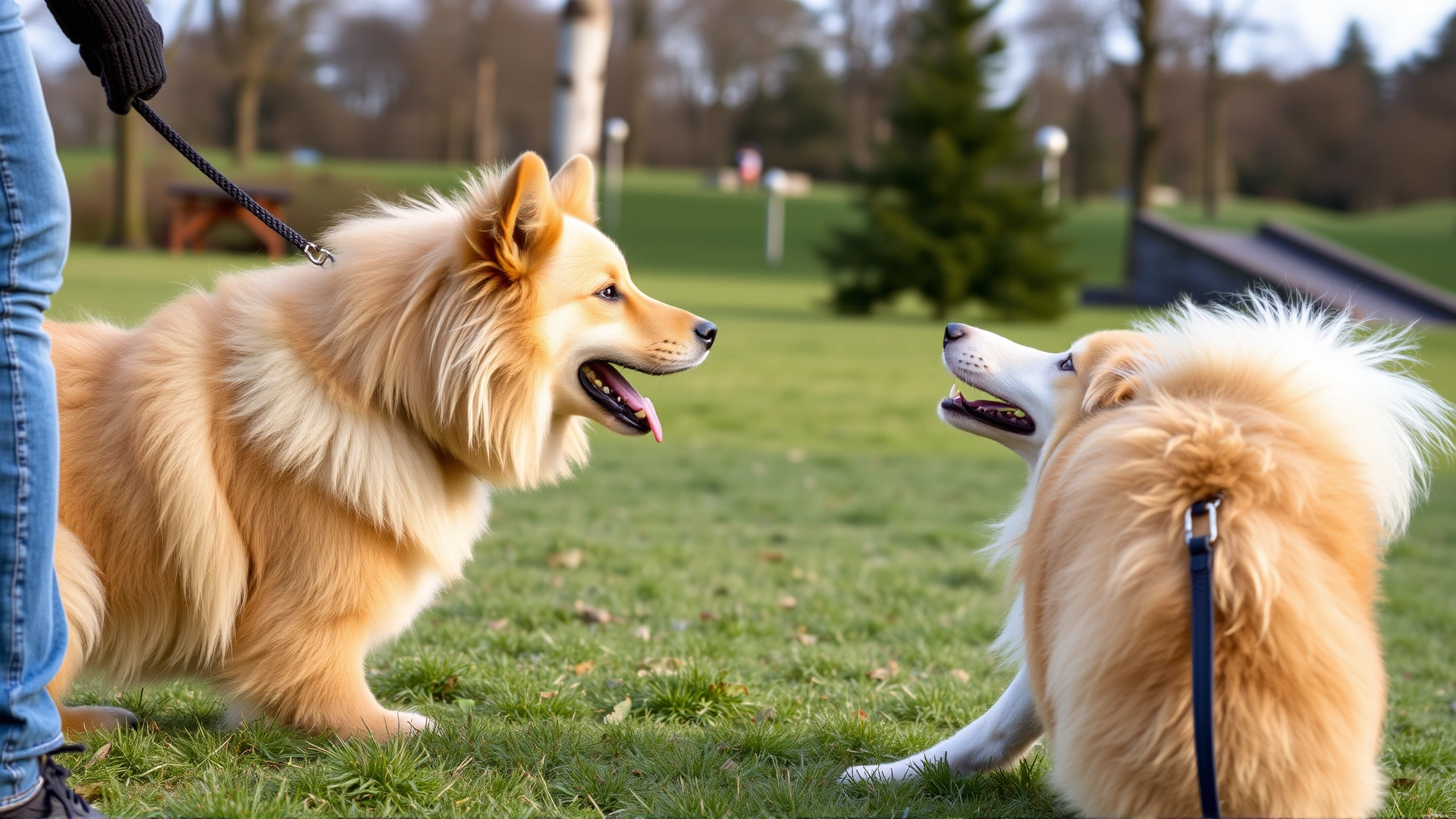 An Icelandic Sheepdog attentively responding to clicker training commands from its owner in an outdoor park.