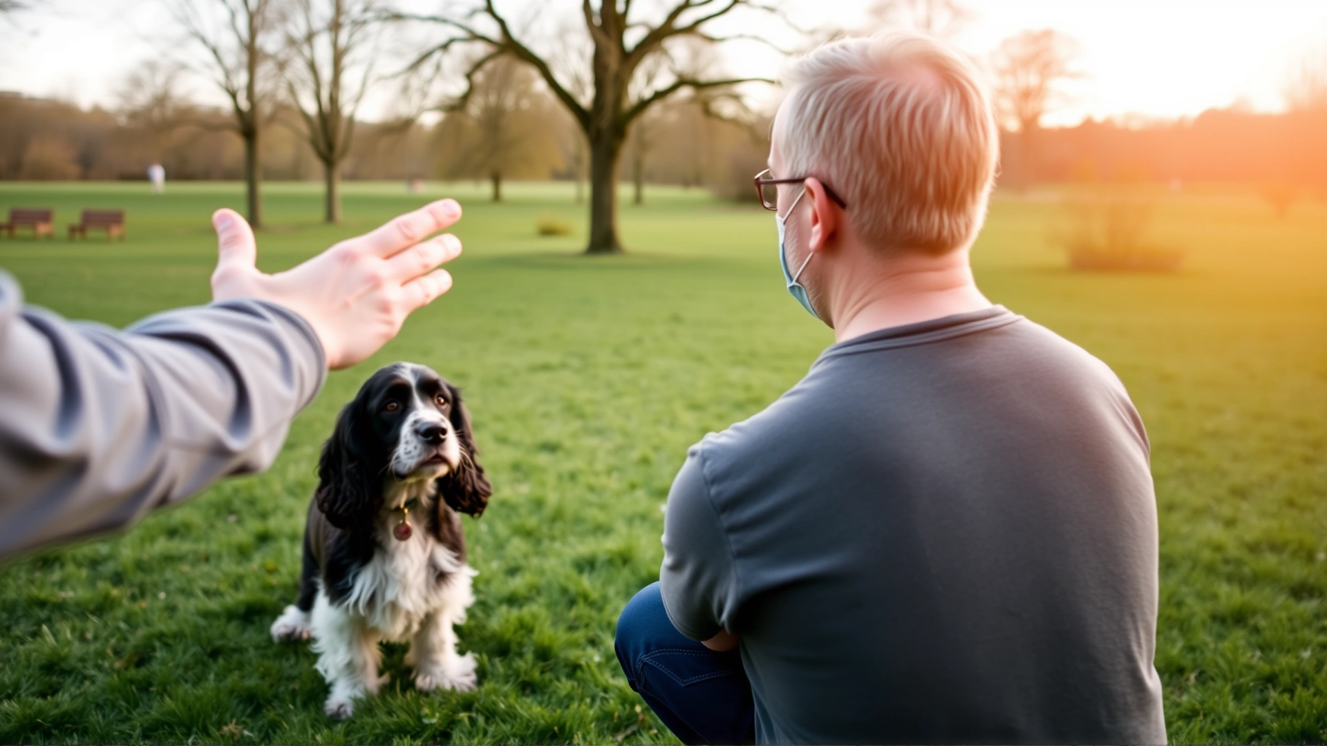 Owner giving hand signal during obedience training session with an attentive Irish Water Spaniel in a grassy park