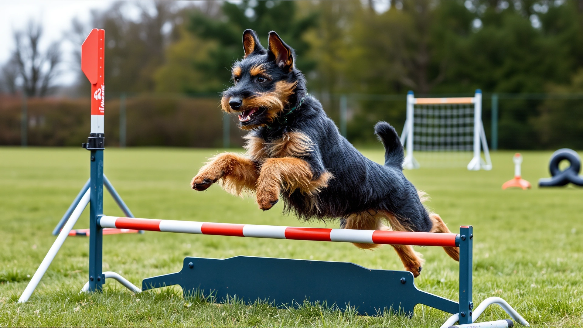 A young Jagdterrier leaping over an agility hurdle on a grassy field with training equipment visible.