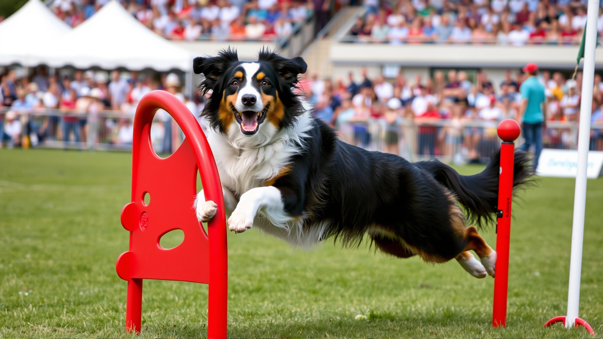Australian Shepherd mid-jump through a bright red agility hoop on a grassy competition field, crowd blurred in background.