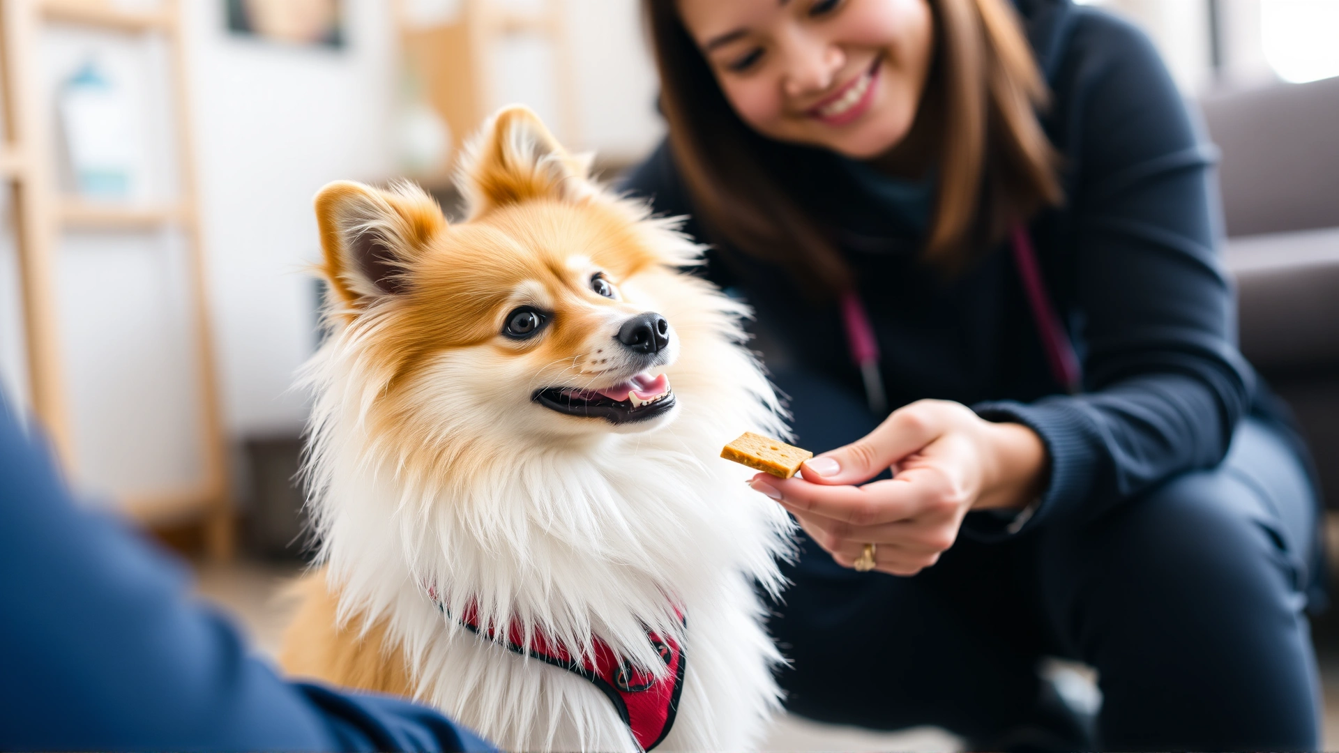 Japanese Spitz sitting attentively while a trainer offers a treat, indoor setting with positive atmosphere