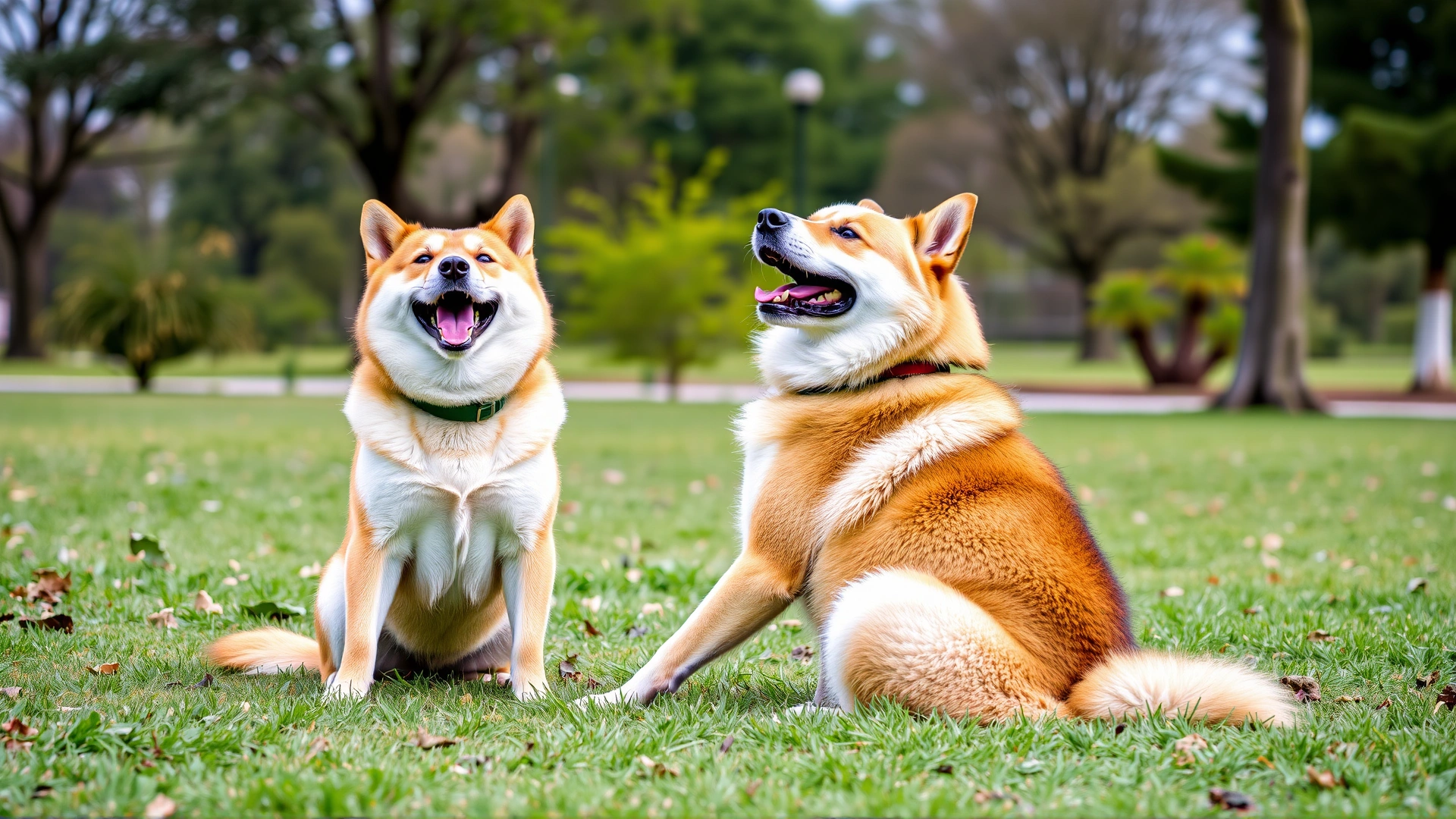 An adult Korean Jindo dog performing a sit command next to its owner in a green park; both appear engaged and happy during training.