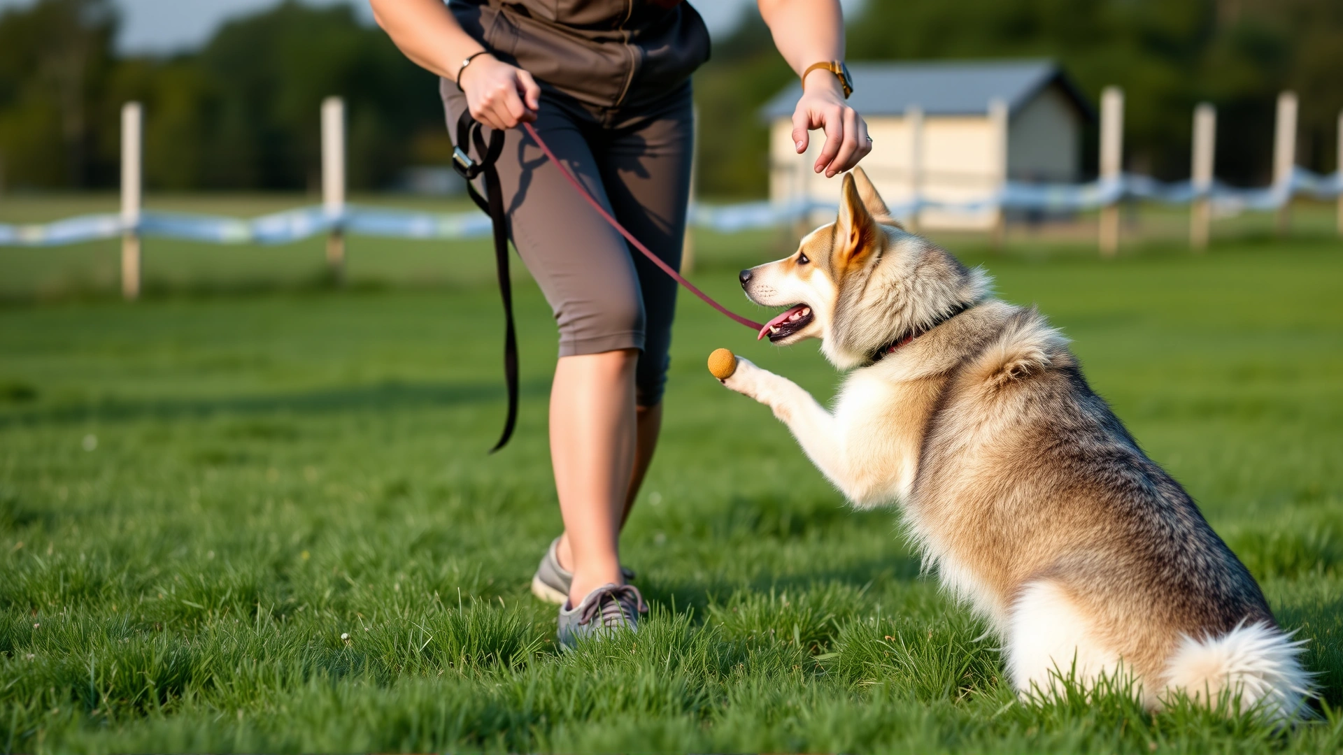 Dog trainer practicing recall with a leashed Karelian Bear Dog in a fenced field; treats visible in hand