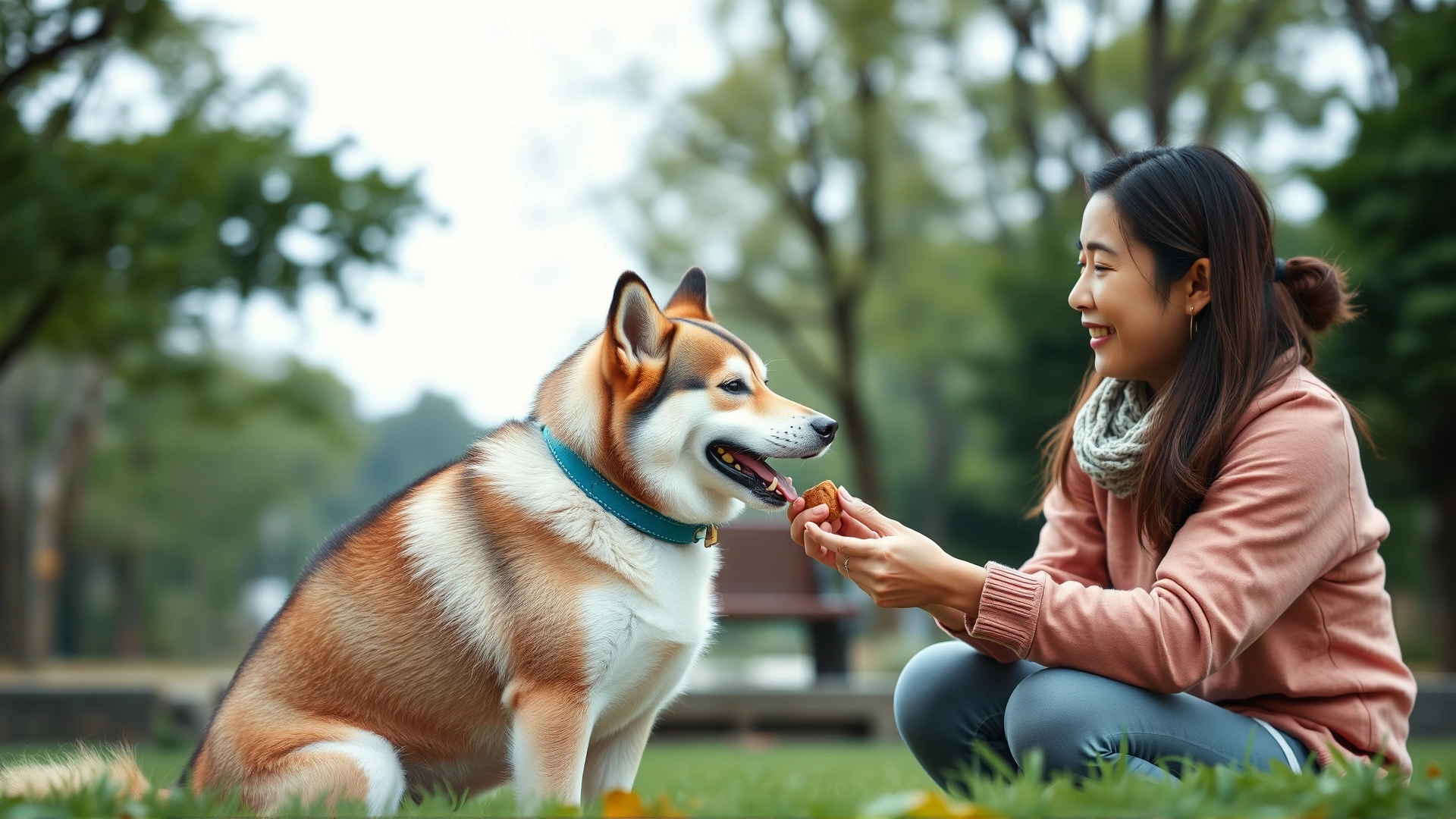 Owner using positive reinforcement by giving a treat to a Kishu Ken while practicing the “sit” command in a park setting, handler’s body language encouraging