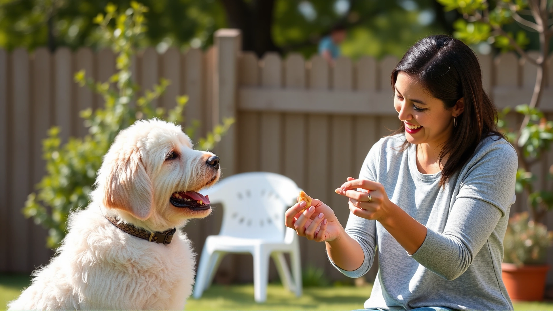 Smiling female trainer giving a Kuvasz puppy a treat during an obedience session in a sunny backyard, both dog and trainer in focus, no text